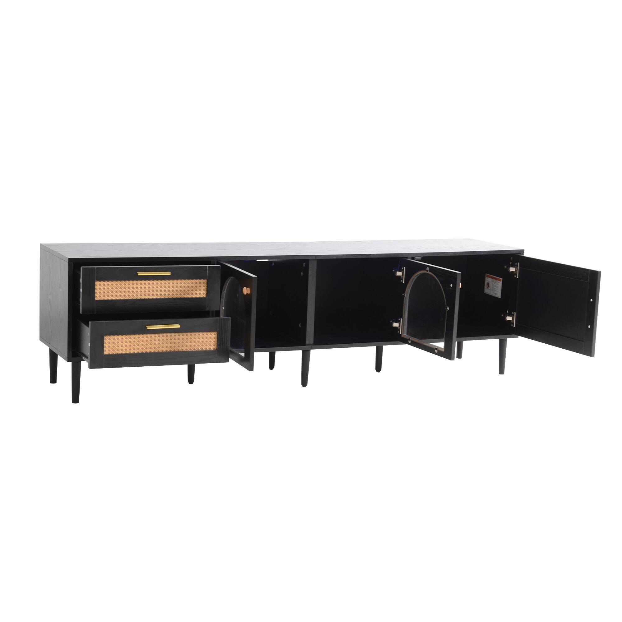 Left. PexFix - LED TV Stand for 80" TVs, Rattan Media Console Entertainment Center with 3 Cabinets & 2 Drawers - Black.