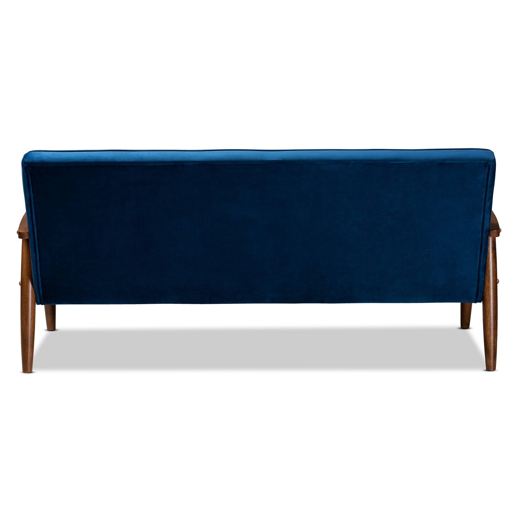 Back. Baxton Studio - Sorrento Mid-century Modern Velvet Fabric Upholstered Walnut Finished Wooden 3-seater Sofa - Navy Blue/Brown.