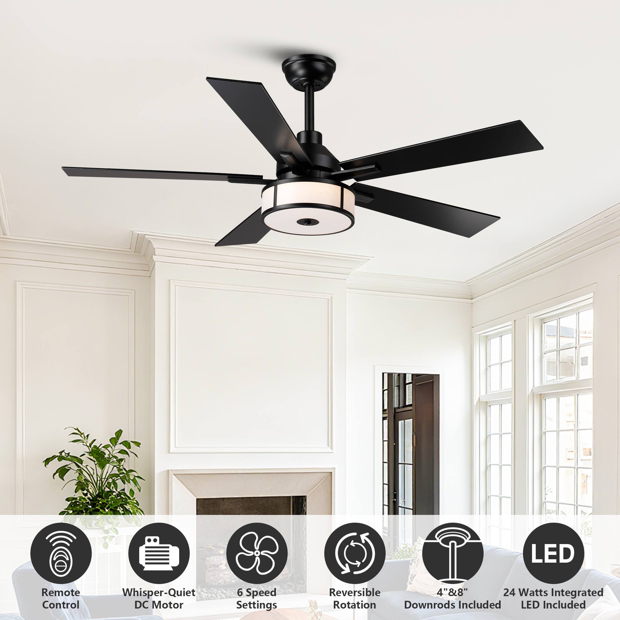 LED Remote Control Whisper-Quiet DC Motor 6 Speed Settings Reversible 4" & 8" 24 Watts Integrated Rotation Downrods Included LED Included