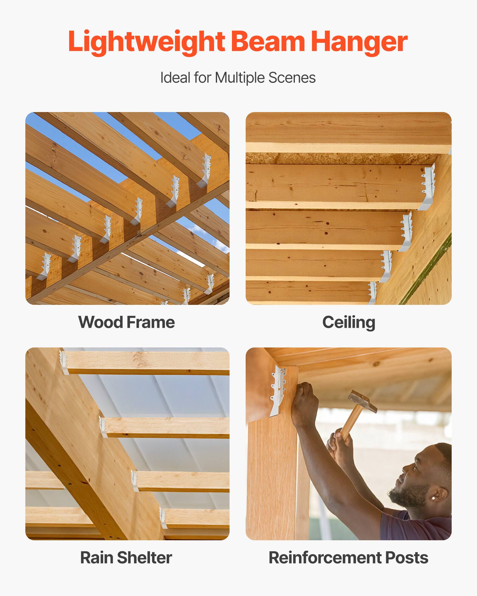 Lightweight Beam Hanger  
Ideal for Multiple Scenes  

- Wood Frame  
- Ceiling  
- Rain Shelter  
- Reinforcement Posts