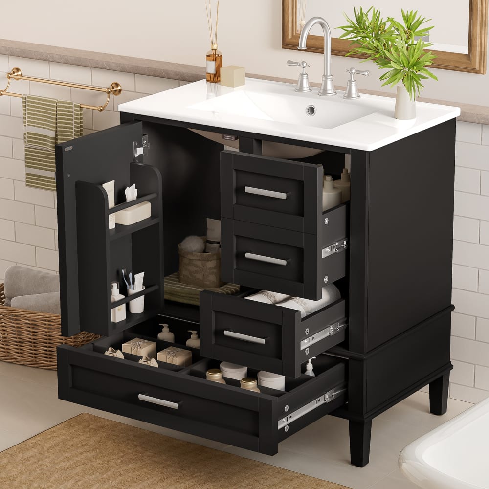 JUJABU - 30" Bathroom Vanity Cabinet with Ceramic Sink Combo Set - Black