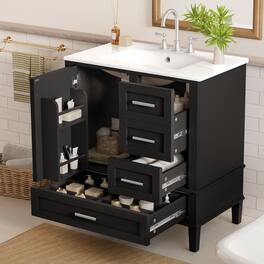 JUJABU - 30" Bathroom Vanity Cabinet with Ceramic Sink Combo Set - Black