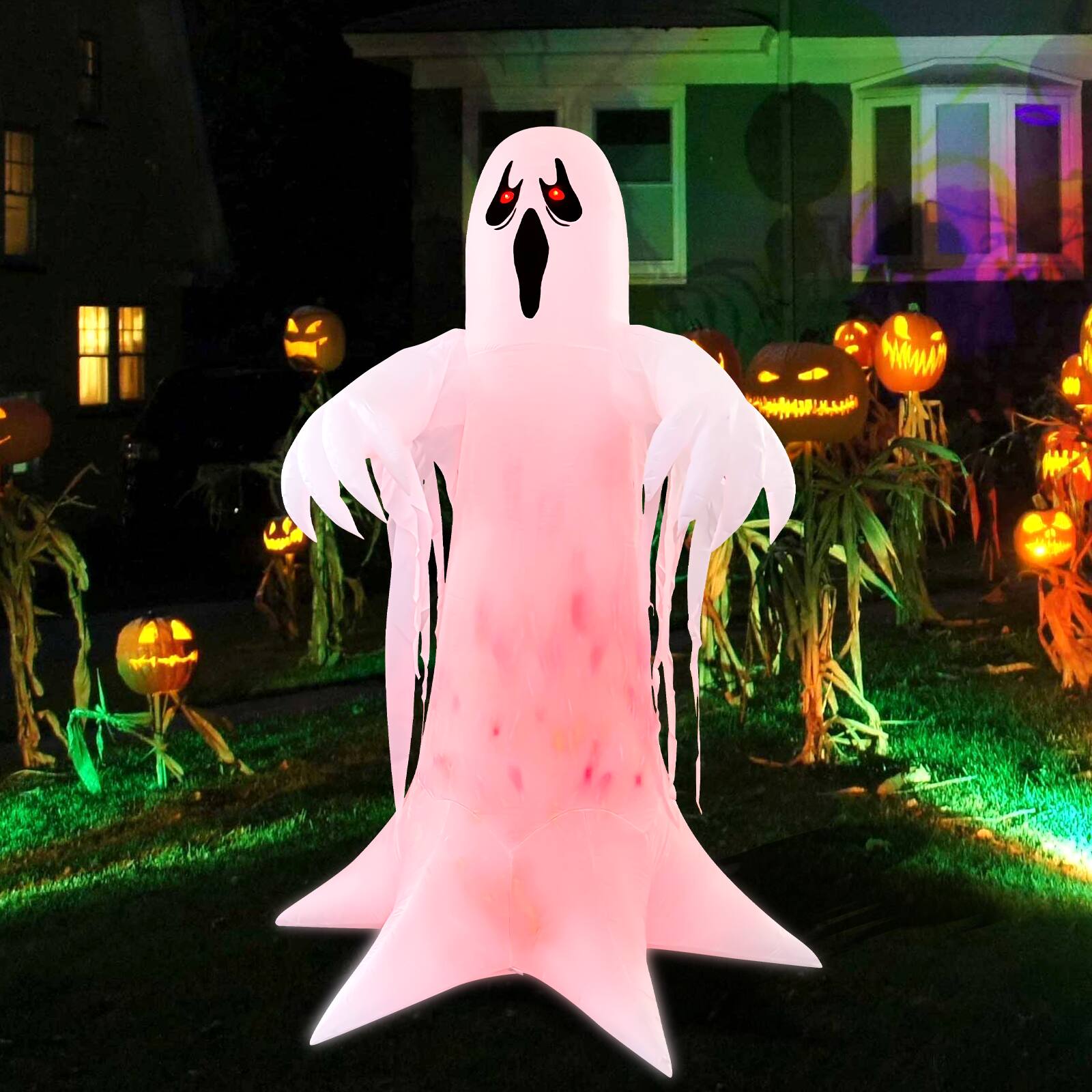 Angle. GOOSH Inflatables - GOOSH 8.2FT Animated Inflatable Ghost with Red LED Lights – Spooky Light-Up Halloween Yard Decoration - White.