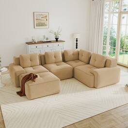 Anysun - V-Shape Corduroy Modular Sectional Sofa - 4-Seat Deep-Seat Couch with Ottoman, Pearl Piping, Tufted, No Assembly - Camel