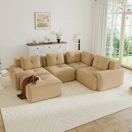Front. Anysun - V-Shape Corduroy Modular Sectional Sofa - 4-Seat Deep-Seat Couch with Ottoman, Pearl Piping, Tufted, No Assembly - Camel.