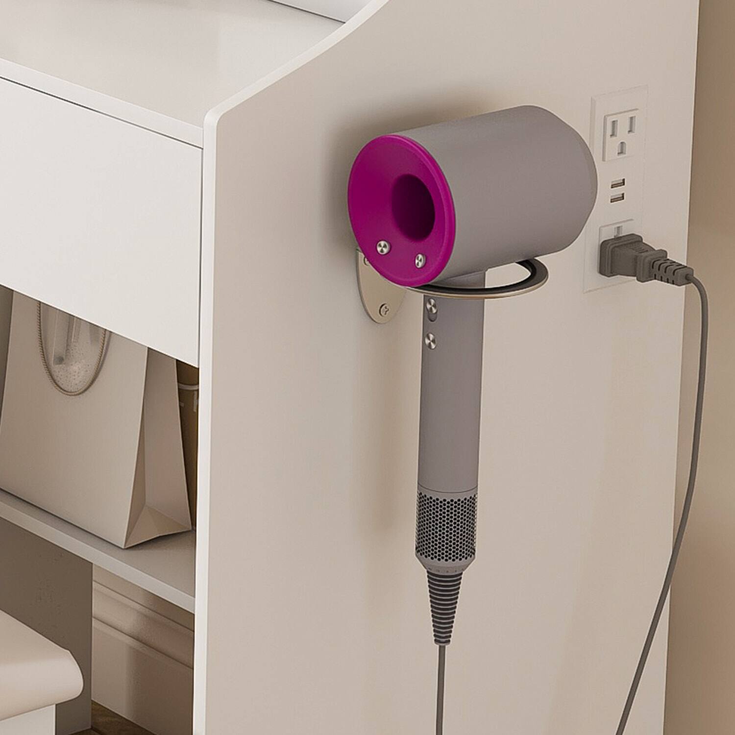 Back. Lirago - White Wood Dressing Table Desk with LED Mirror Charging Station and Storage Stool 17.7" D x 43.3" W x 53.1" H - White.