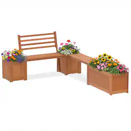 Costway - Outdoor Planter Box Set with Shorea Hardwood Planter Box, Bench, Slat Backrest - Natural