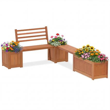 Front. Costway - Costway Outdoor Planter Box Set with Shorea Hardwood Planter Box, Bench, Slat Backrest - Natural.