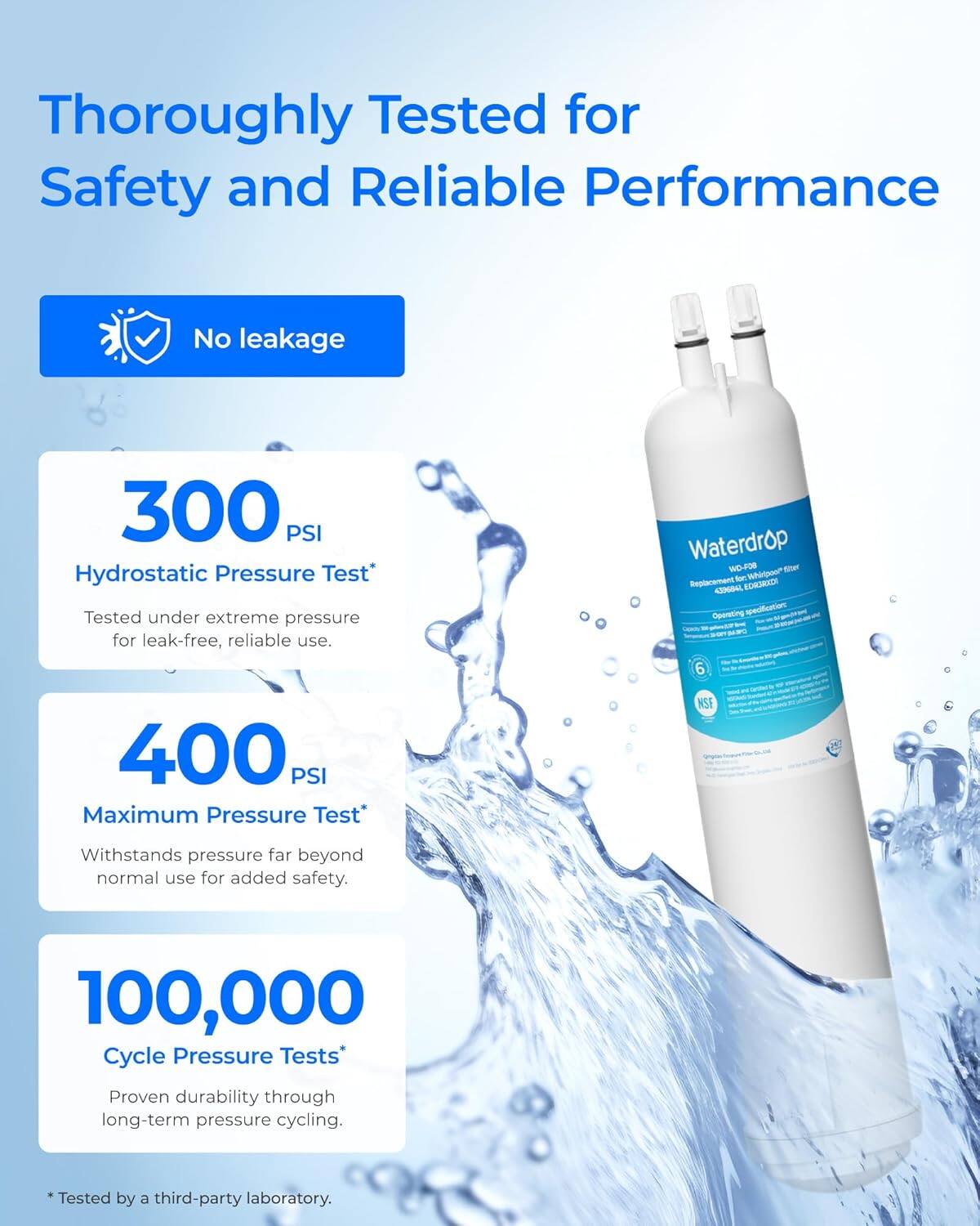 Thoroughly Tested for Safety and Reliable Performance

No leakage

300 PSI Hydrostatic Pressure Test*  
Tested under extreme pressure for leak-free, reliable use.

400 PSI Maximum Pressure Test*  
Withstands pressure far beyond normal use for added safety.

100,000 Cycle Pressure Tests*  
Proven durability through long-term pressure cycling.

*Tested by a third-party laboratory.