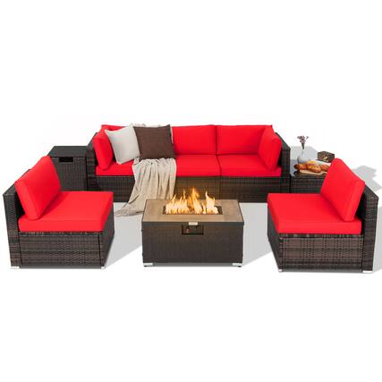 Front. Costway - Costway 8PCS Patio Rattan Furniture Set Fire Pit Table Tank Holder Cover Deck - Mix Brown,Red.