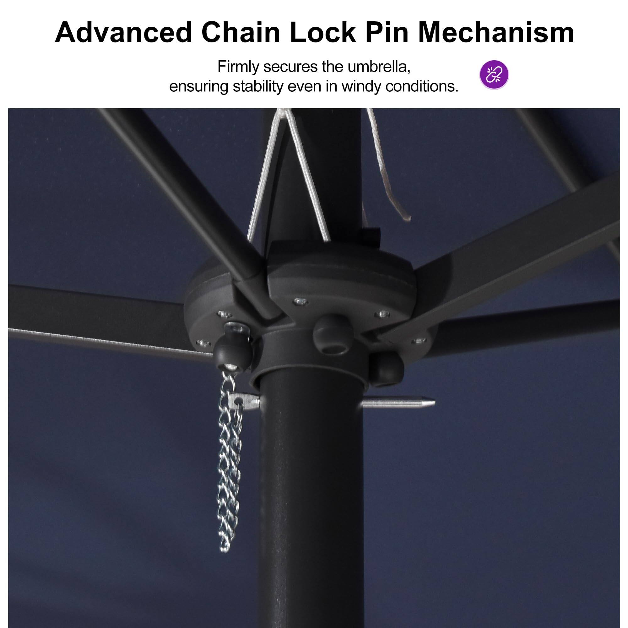 Advanced Chain Lock Pin Mechanism  
Firmly secures the umbrella, ensuring stability even in windy conditions.
