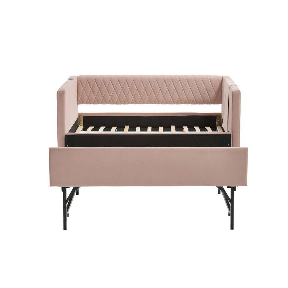 Alt View 7. Kadyn - Velvet Daybed with Sturdy Wood Frame, Modern Diamond Grid Pull-Out Design for Bedroom Living Room - Pink.