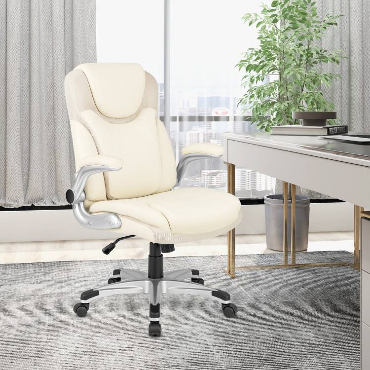 Left. SlickBlue - Ergonomic Office Chair with PU Leather, Flip-Up Armrests, and Rocking Motion - White.