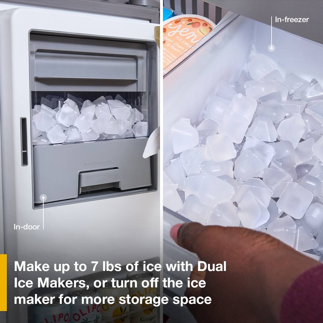 Make up to 7 lbs of ice with Dual Ice Makers, or turn off the ice maker for more storage space.

In-door  
In-freezer