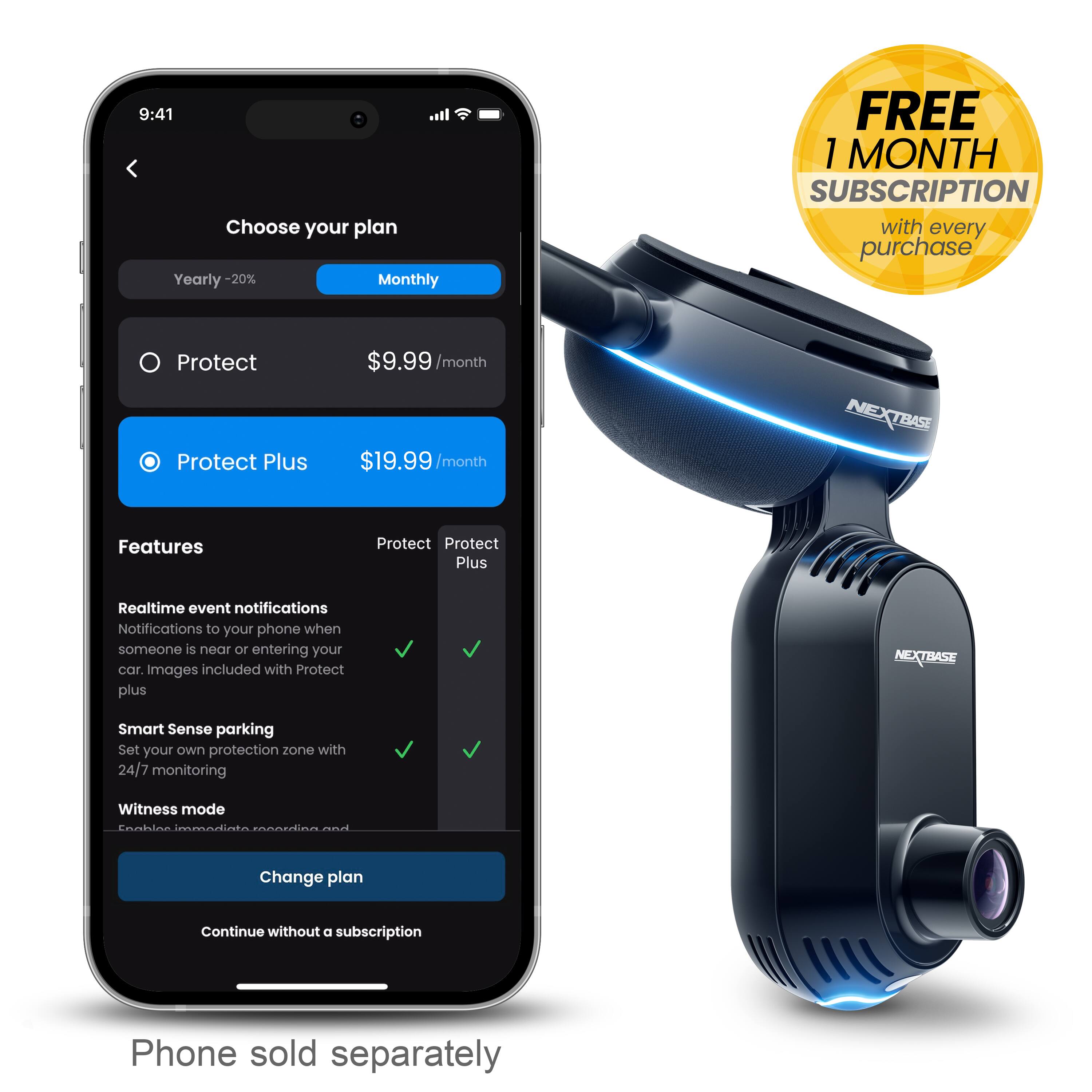The image features a smartphone and a car security device, with the phone displaying a subscription offer for the security device. The offer includes a free one-month subscription with every purchase, and the option to choose between yearly and monthly plans. The monthly plan costs $9.99, while the yearly plan offers a 20% discount. The security device offers various features such as real-time event notifications, notifications when someone is near or entering your car, and images included with the Protect Plus plan. The device also comes with a Smart Sense parking feature that allows you to set your own protection zone with 24/7 monitoring. The phone is sold separately from the device.
