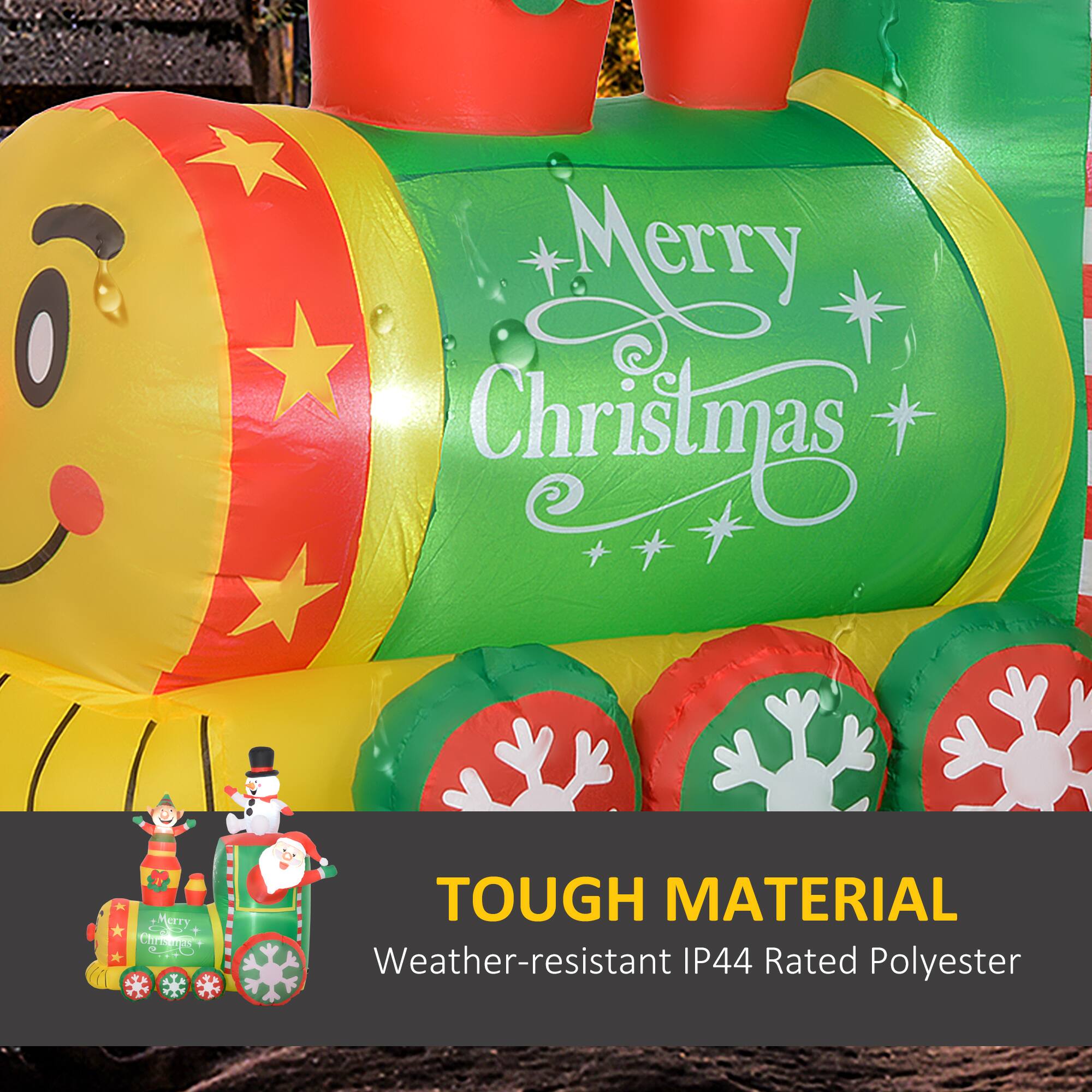 Merry Christmas! This inflatable is made of tough, weather-resistant IP44-rated polyester material.