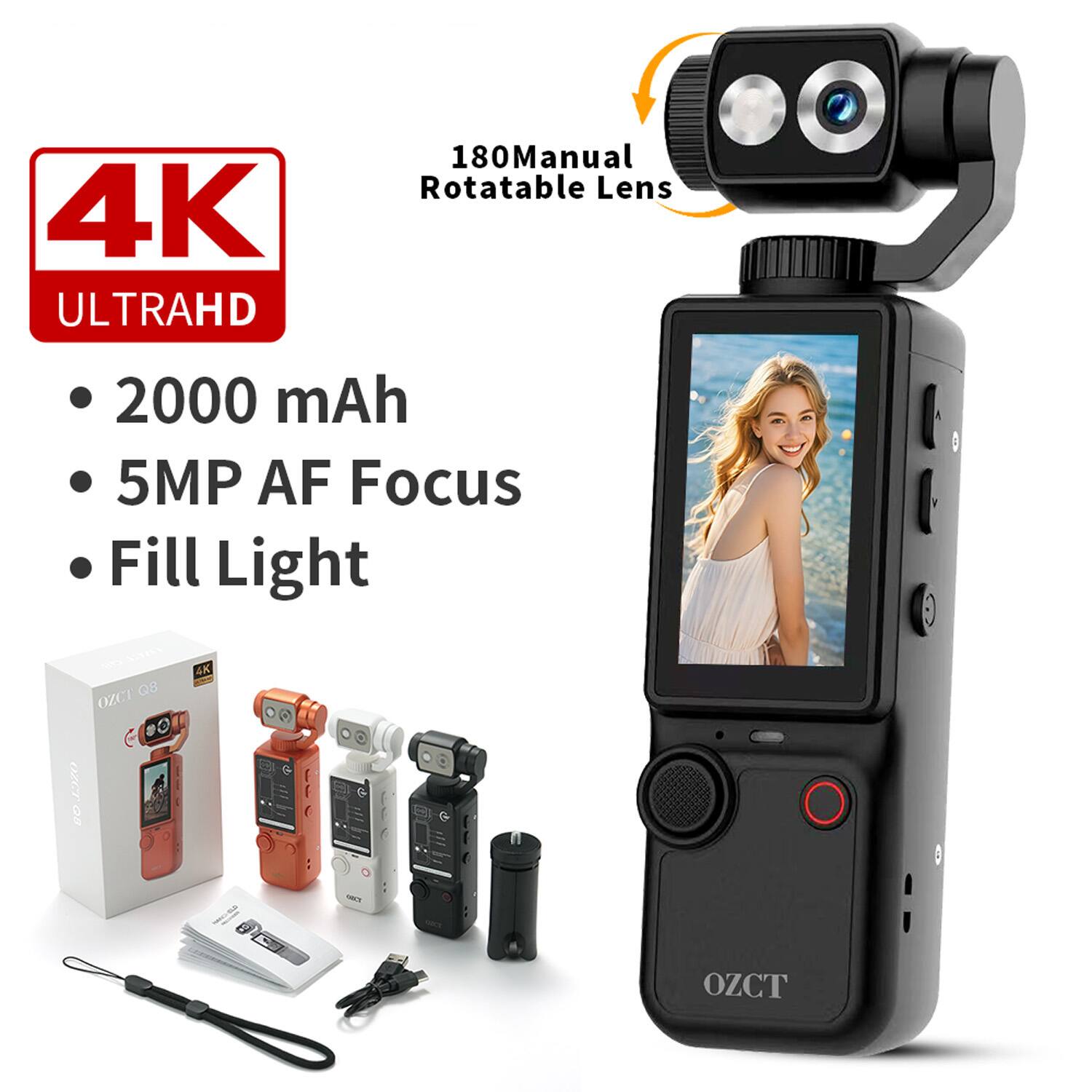 4K ULTRAHD 180 Manual Rotatable Lens 2000 mAh 5MP AF Focus Fill Light

OZCT Q8