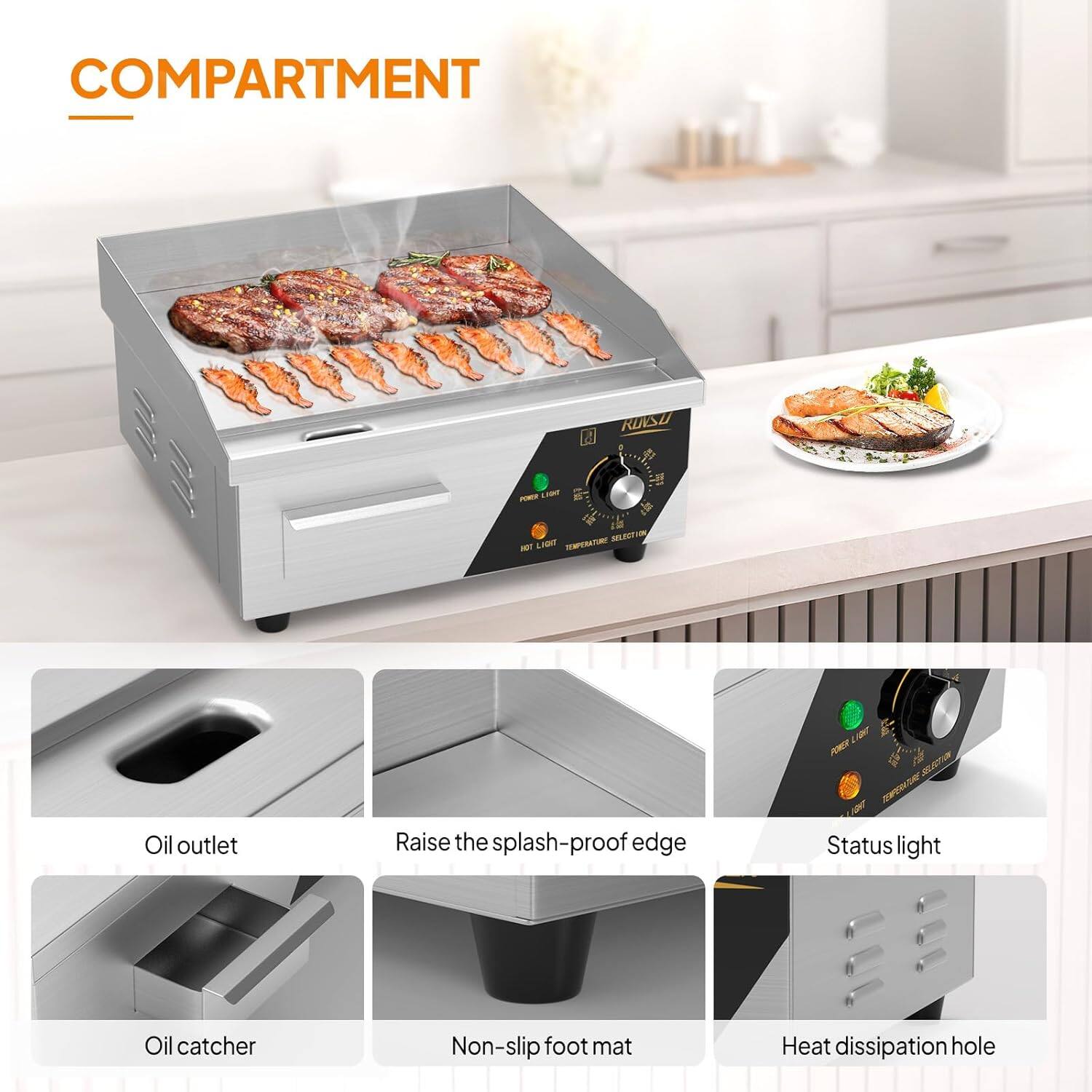 COMPARTMENT

- Oil outlet
- Raise the splash-proof edge
- Status light
- Oil catcher
- Non-slip foot mat
- Heat dissipation hole