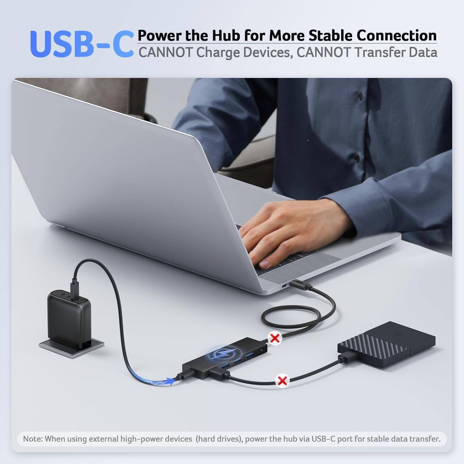 USB-C  
Power the Hub for More Stable Connection  
CANNOT Charge Devices, CANNOT Transfer Data  

Note: When using external high-power devices (hard drives), power the hub via USB-C port for stable data transfer.