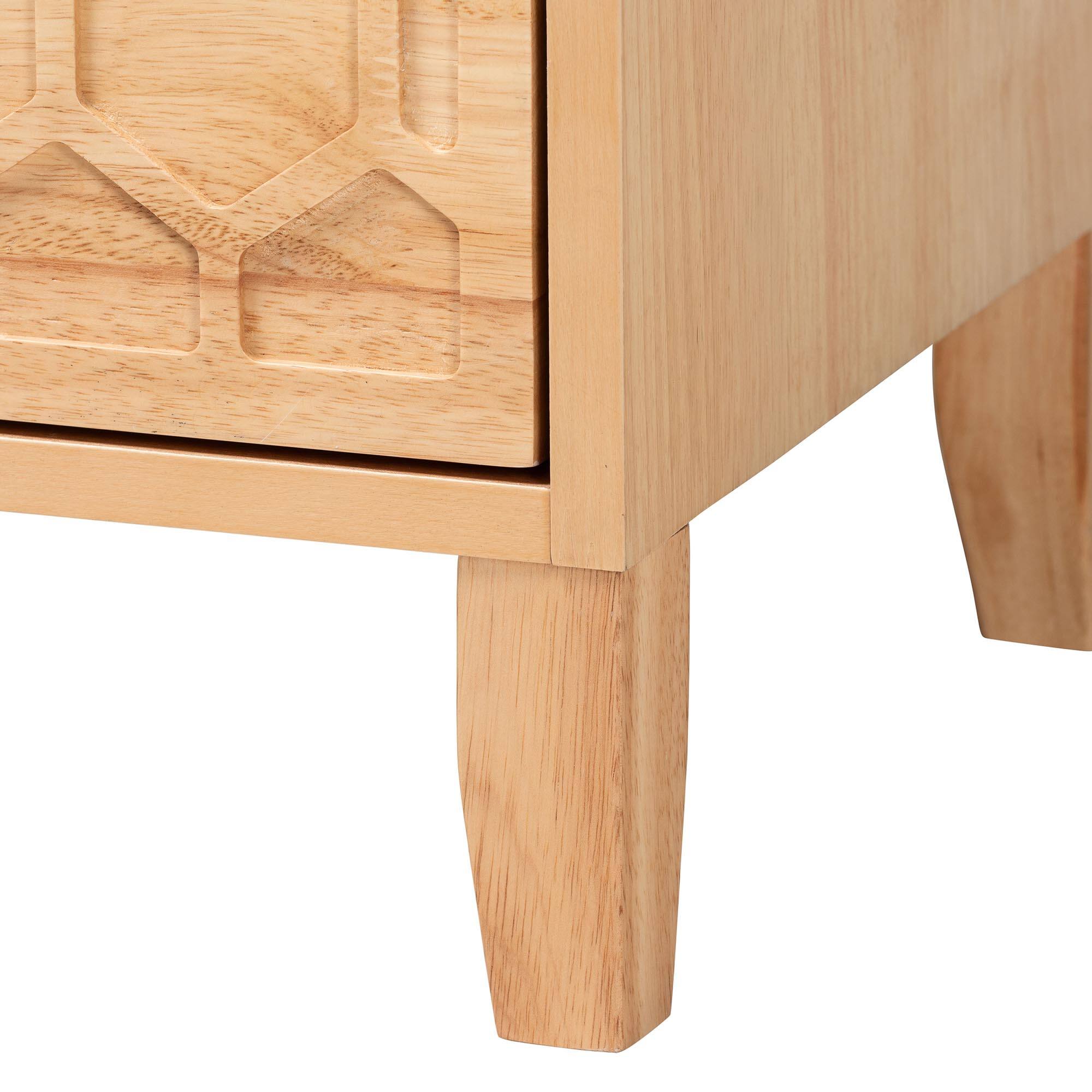 Alt View 2. Baxton Studio - Hosea Japandi Carved Honeycomb Natural 2-Drawer Nightstand - Natural.