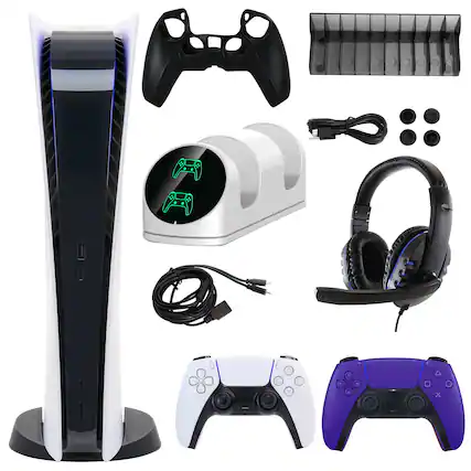 Front. Sony - PS5 Digital Console with Extra Purple Dualsense Controller and Accessories Kit - White.