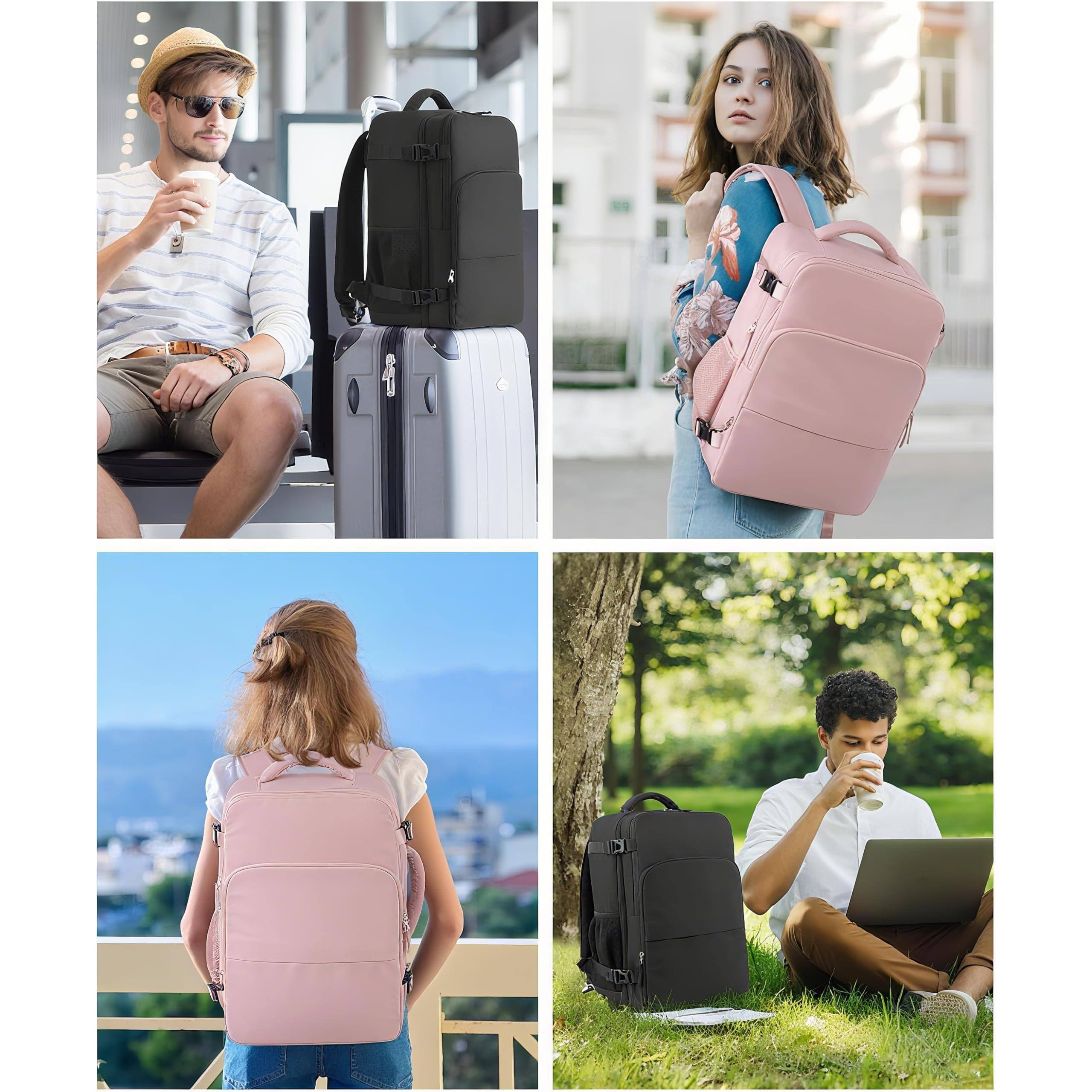 Left. Stamp n Camp - Travel Backpack For Men Women  Lightweight Personal Item Trave Bag Airlines Carry On With Usb Charging Port Durable - Black-X-Large.