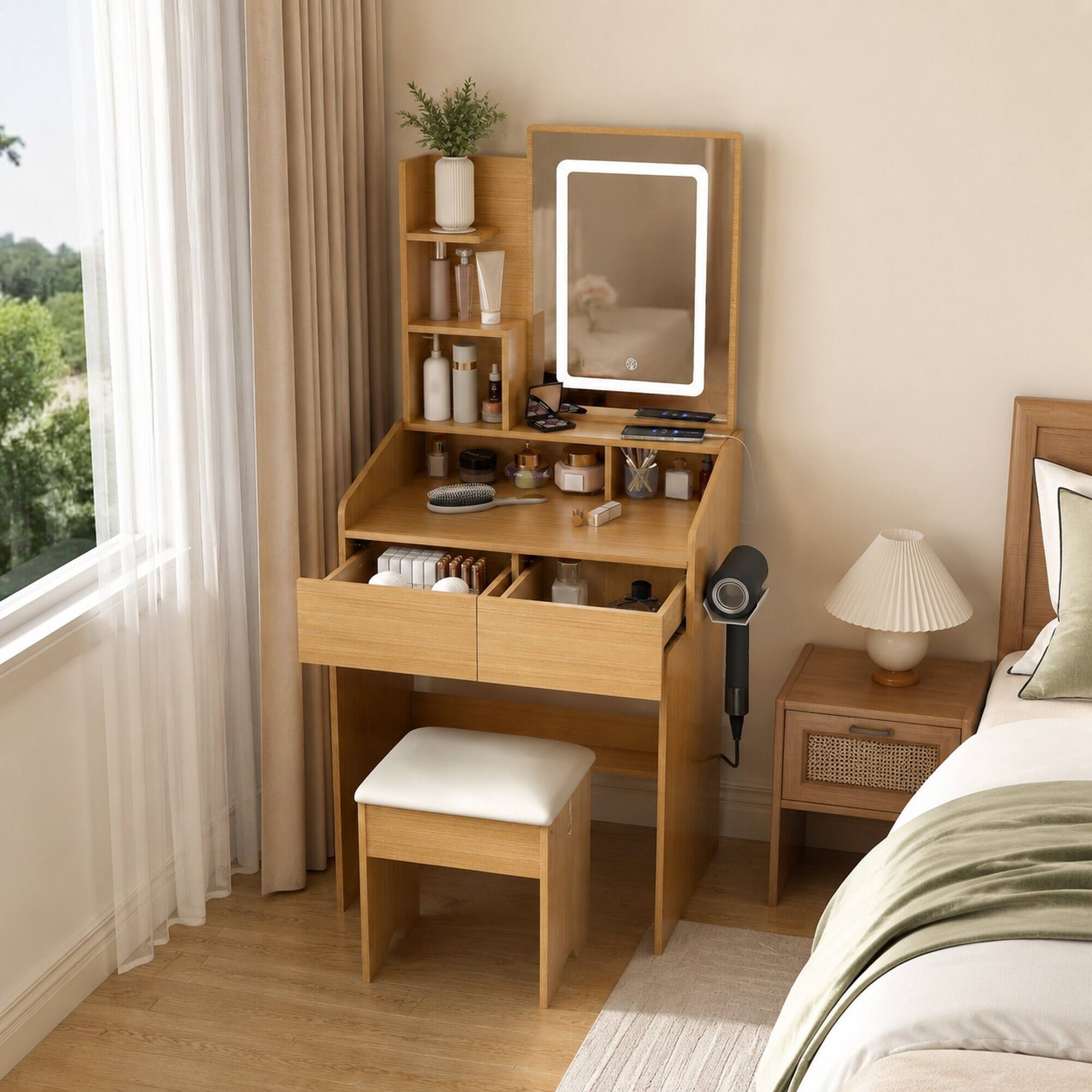 Back. RYHNUYNE - Compact Vanity Table, LED Lighted Mirror, Power Outlet, Hairdryer Holder, Soft Stool, Wood Finish - Wood.