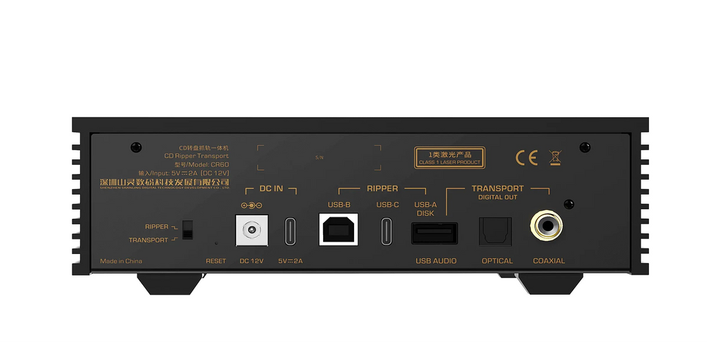 CD Ripper Transport  
Model: CR60  
Input: 5V=2A (DC 12V)  

OIUITAL T DC IN +  
S/N USB-B RIPPER USB-C 1 CE CLASS 1 LASER PRODUCT TRANSPORT DIGITAL OUT USB-A DISK RIPPER TRANSPORT  
Made in China  
RESET DC 12V 5V.2A USB AUDIO OPTICAL COAXIAL