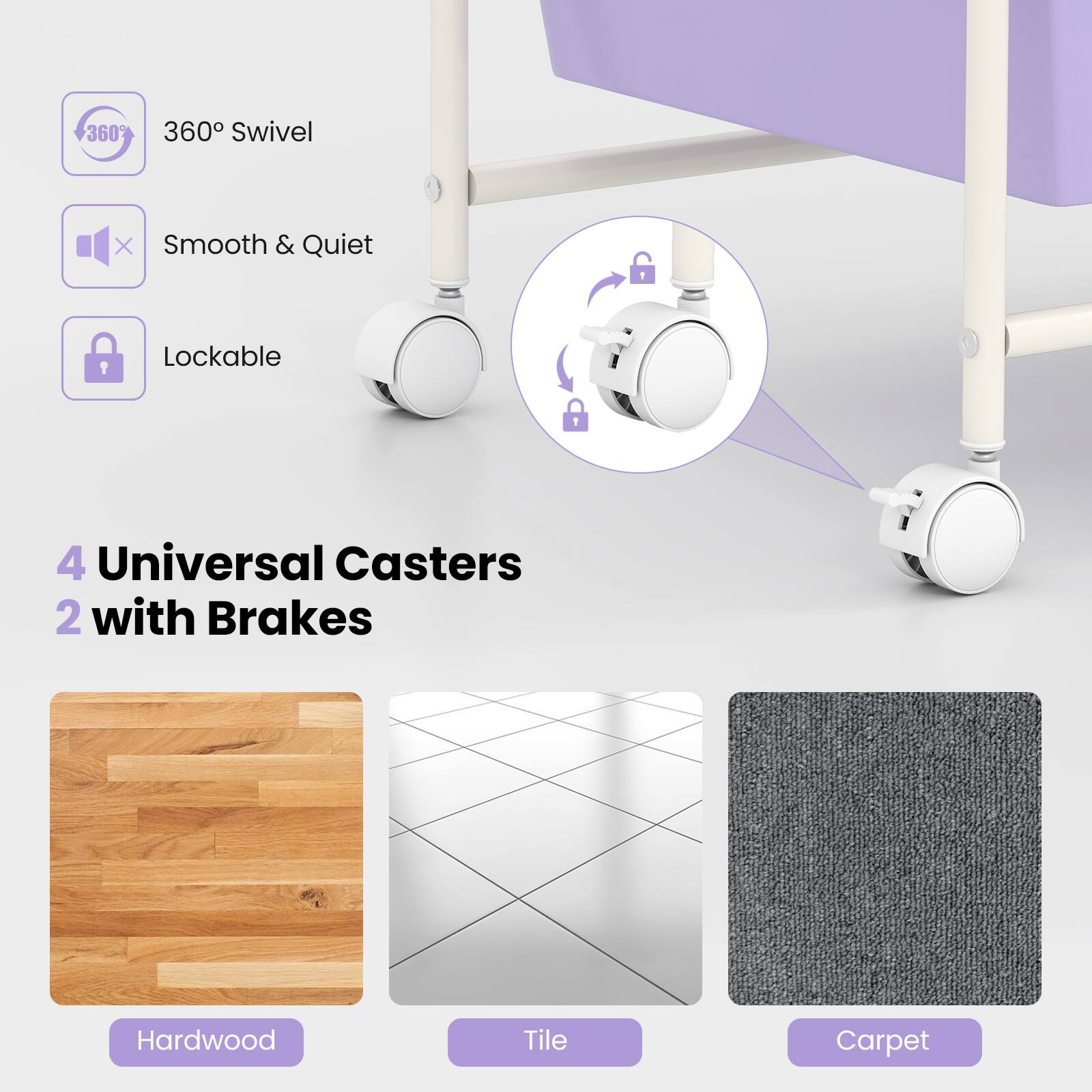 360° Swivel  
Smooth & Quiet  
Lockable  
4 Universal Casters  
2 with Brakes  
Hardwood, Tile, Carpet