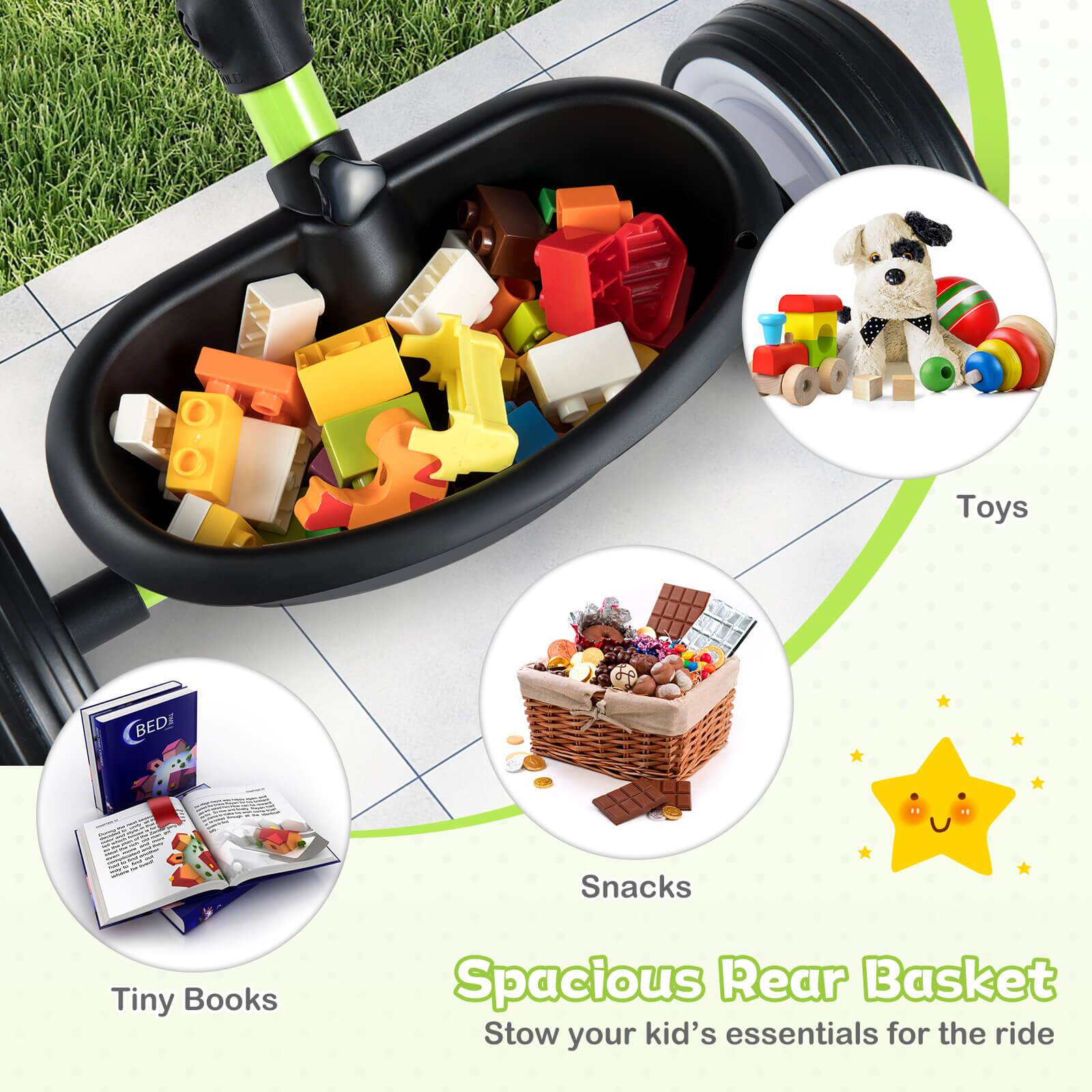 Toys  
BEDi Snacks  
Tiny Books  
Spacious Rear Basket  
Stow your kid's essentials for the ride