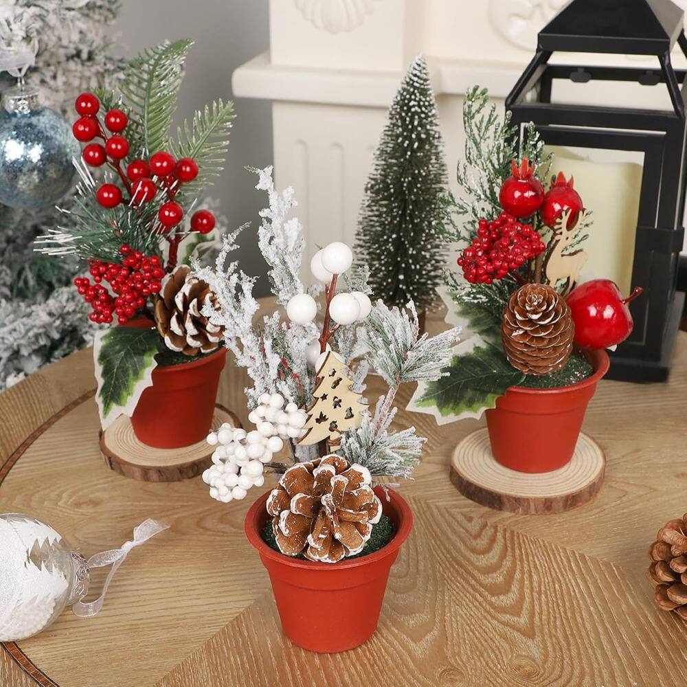 Back. RTMB - Mini Christmas Tree Table Decorations, 6-Piece Artificial Trees with Pine Cones & Red Berries, Holiday Tabletop Centerpi - Red.