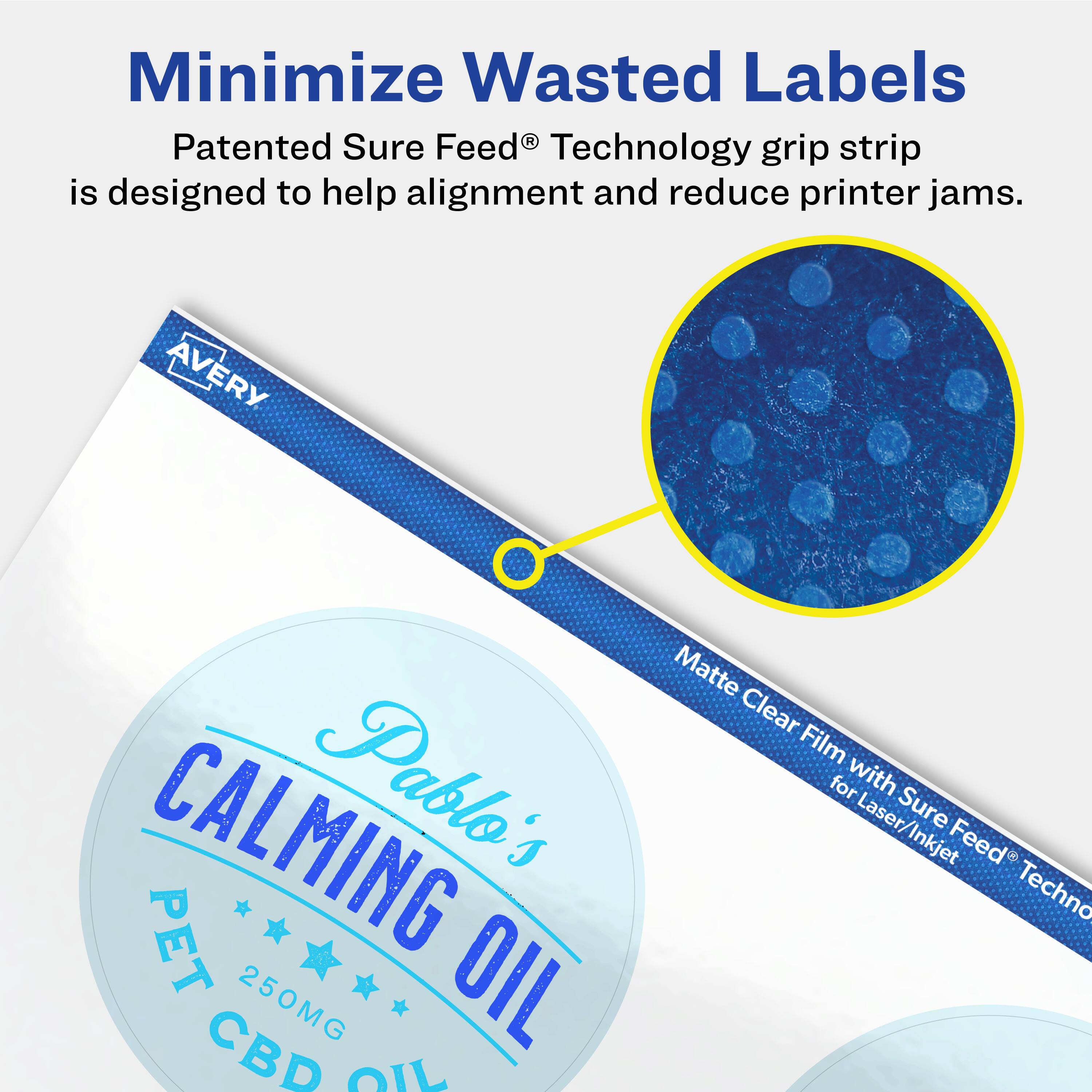 Minimize Wasted Labels

Patented Sure Feed® Technology grip strip is designed to help alignment and reduce printer jams.

Avery Matte Clear Film with Sure Feed® Technology for Laser/Inkjet

Pablo's CALMING OIL PET 250MG CBD OIL