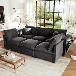 Whisen - Modular Sectional Sofa U-Shaped Couch with Ottoman, Storage Armrests and USB Ports - Black