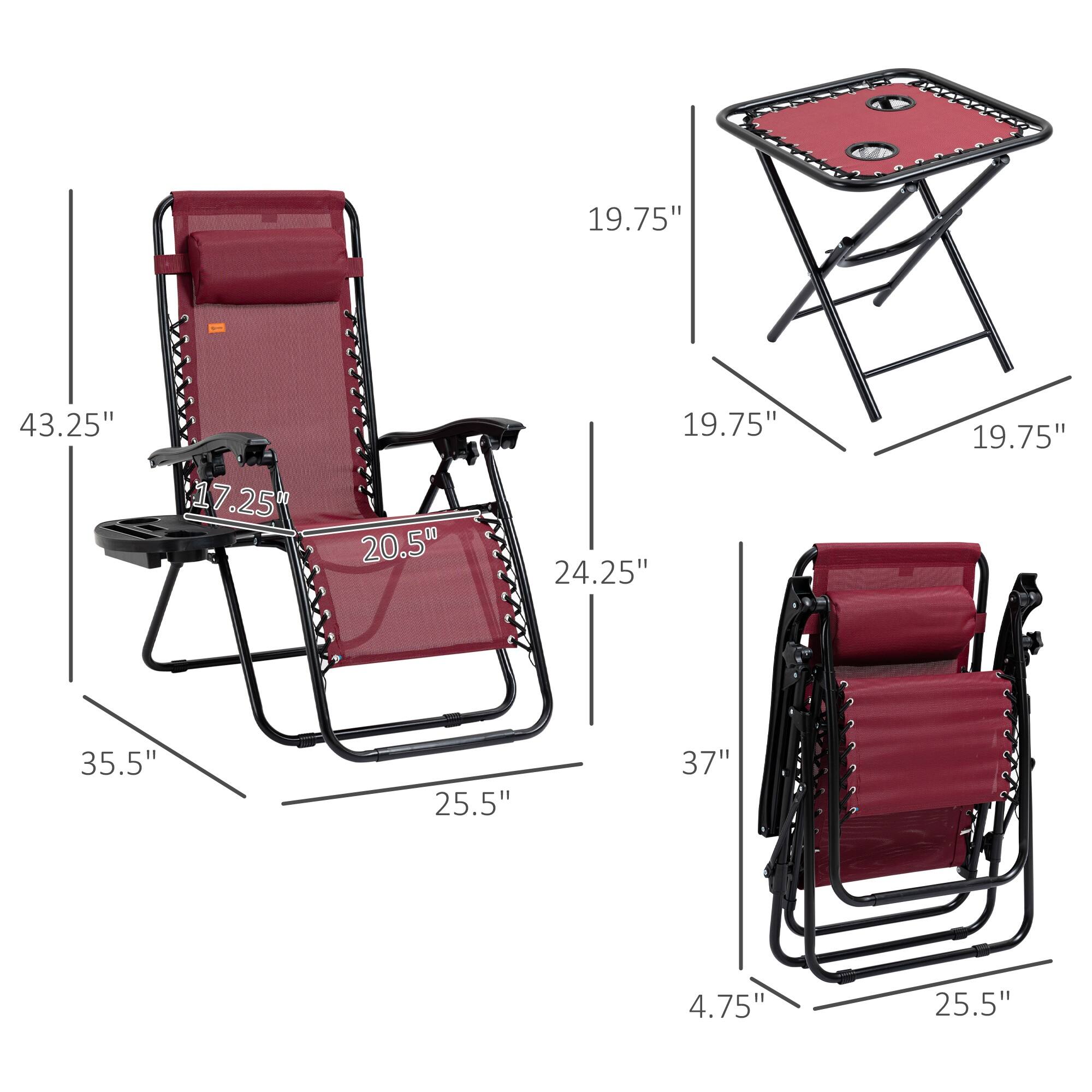 - Chair dimensions:
  - Height: 43.25"
  - Width: 25.5"
  - Depth: 35.5"
  - Seat height: 17.25"
  - Seat width: 20.5"
  - Armrest height: 24.25"

- Table dimensions:
  - Height: 19.75"
  - Width: 19.75"
  - Depth: 19.75"

- Folded chair dimensions:
  - Height: 37"
  - Width: 25.5"
  - Depth: 4.75"
