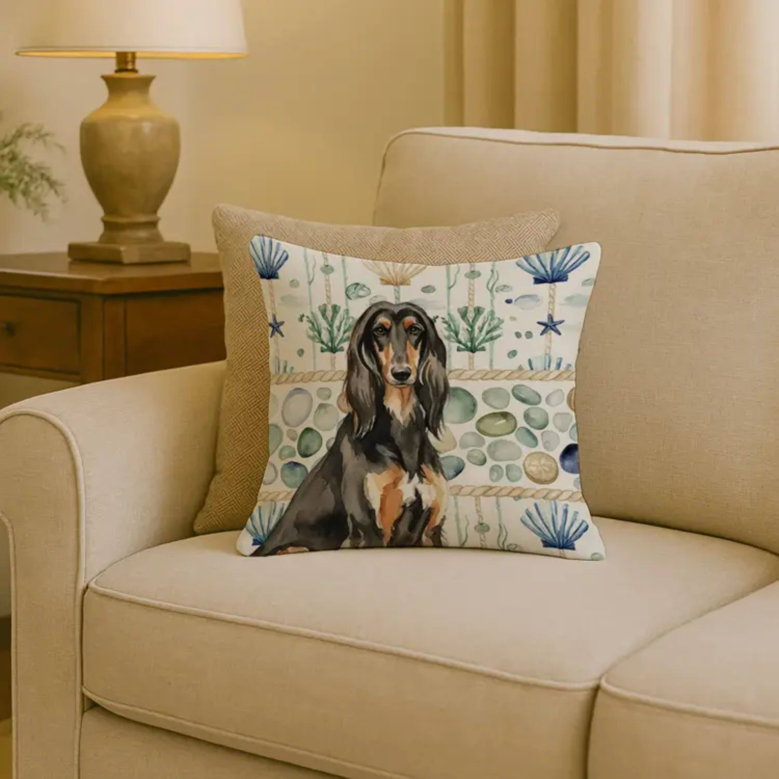 Angle. Kitcheniva - 18" x 18" Coastal Sea Design Throw Pillow Home Decor Afghan Hound Black And Tan - Multicolor.