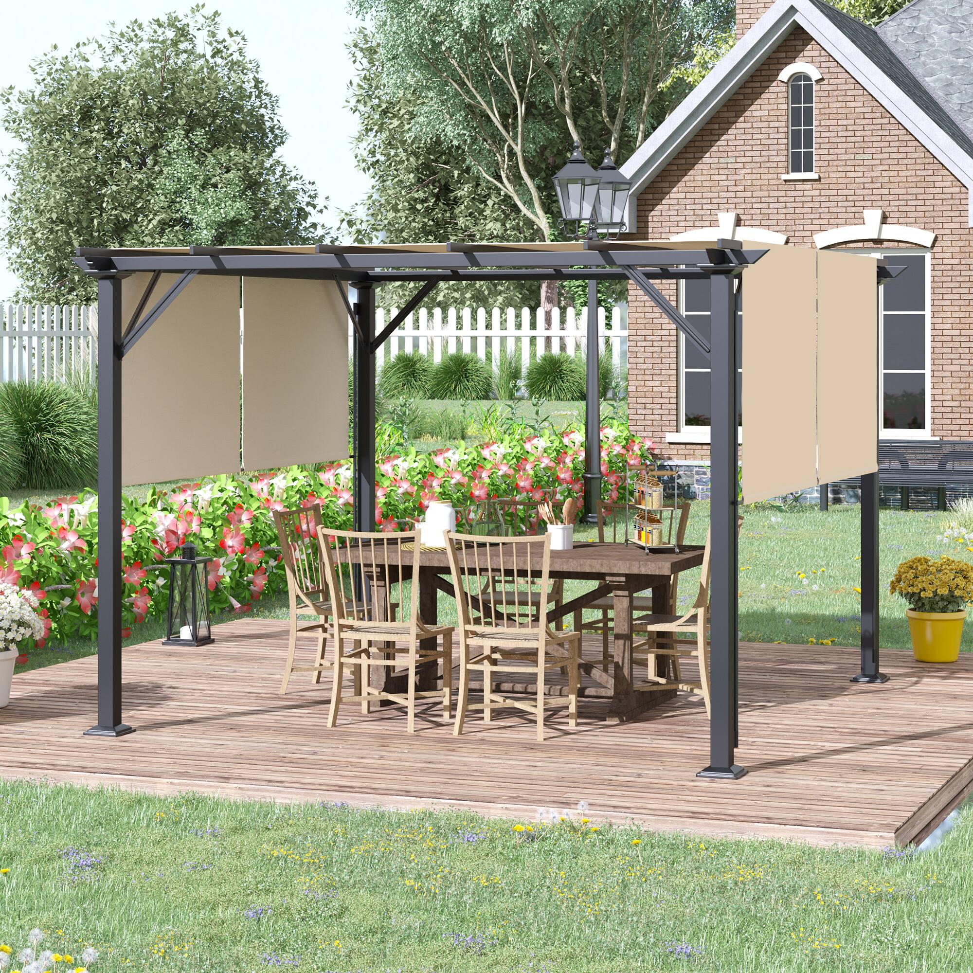Angle. Outsunny - 12' x 10' Outdoor Retractable Pergola Canopy with Sun Shade Unique Design Canopy Patio Metal Shelter - Beige.