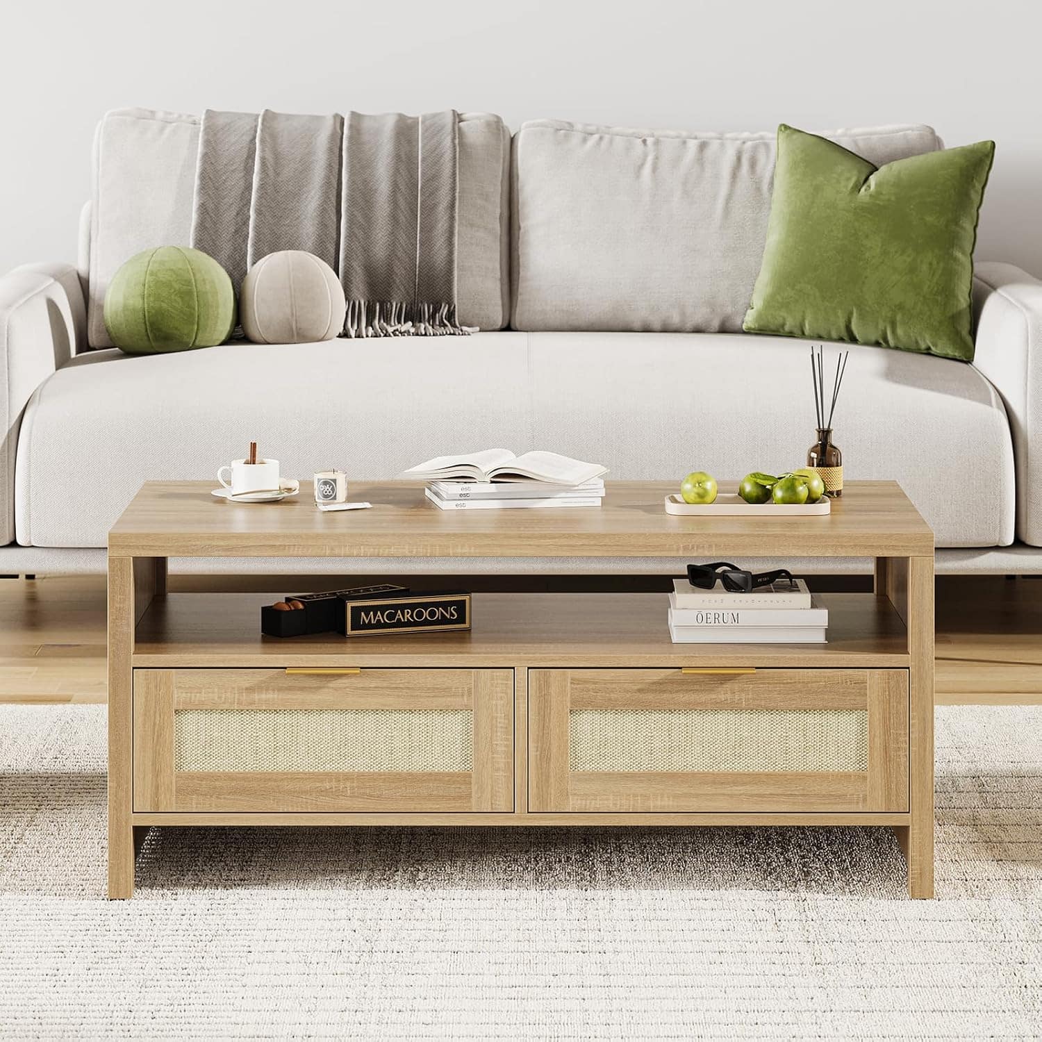 Acekool - 40 Inch Coffee Table, Farmhouse Center Table with 2 Drawers and Open Shelf - Brown