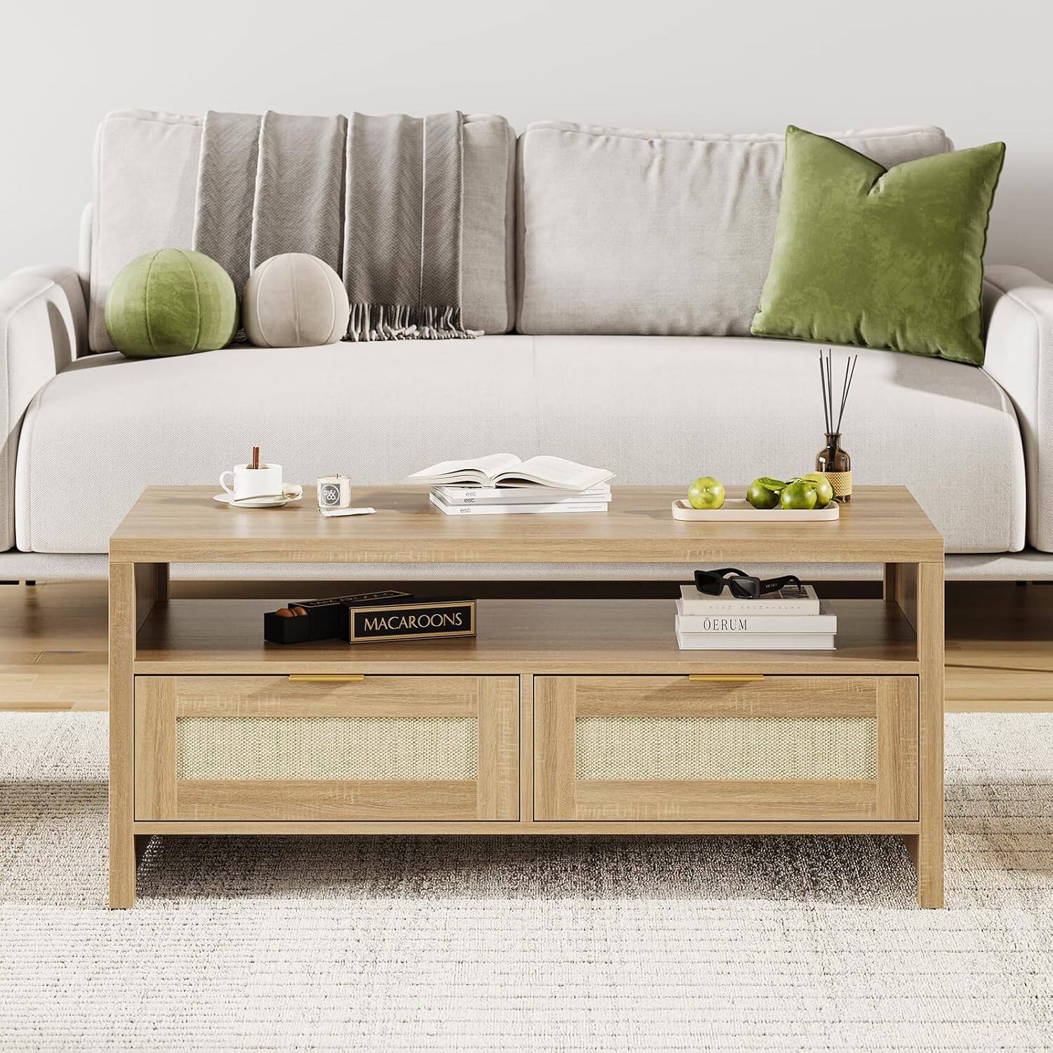 Acekool - 40 Inch Coffee Table, Farmhouse Center Table with 2 Drawers and Open Shelf - Brown