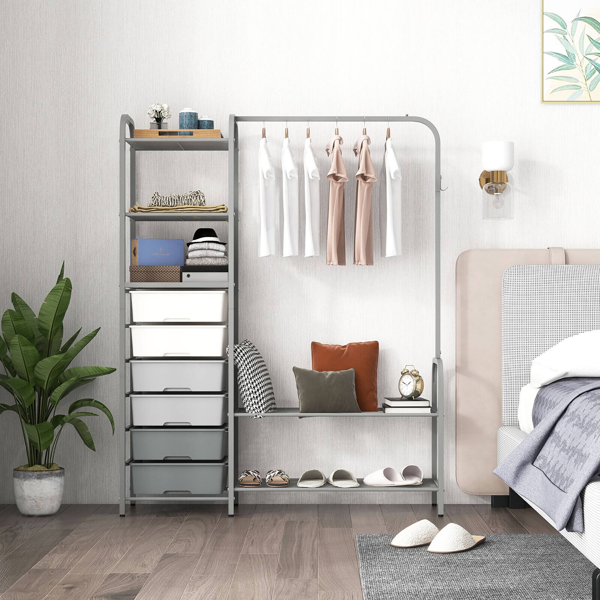 Alt View 4. Gymax - Gymax Heavy Duty Metal Clothes Rack Freestanding Garment Rack w/ 6 Drawers & Shelves - Grey.