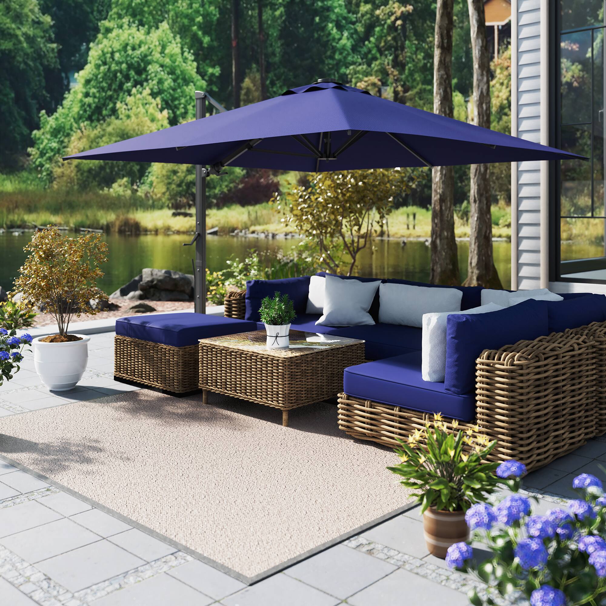 Left. Mondawe - 10x10ft Patio Cantilever Umbrella Square Large Offset Sun Umbrella with LED Light Panel - Navy Blue.