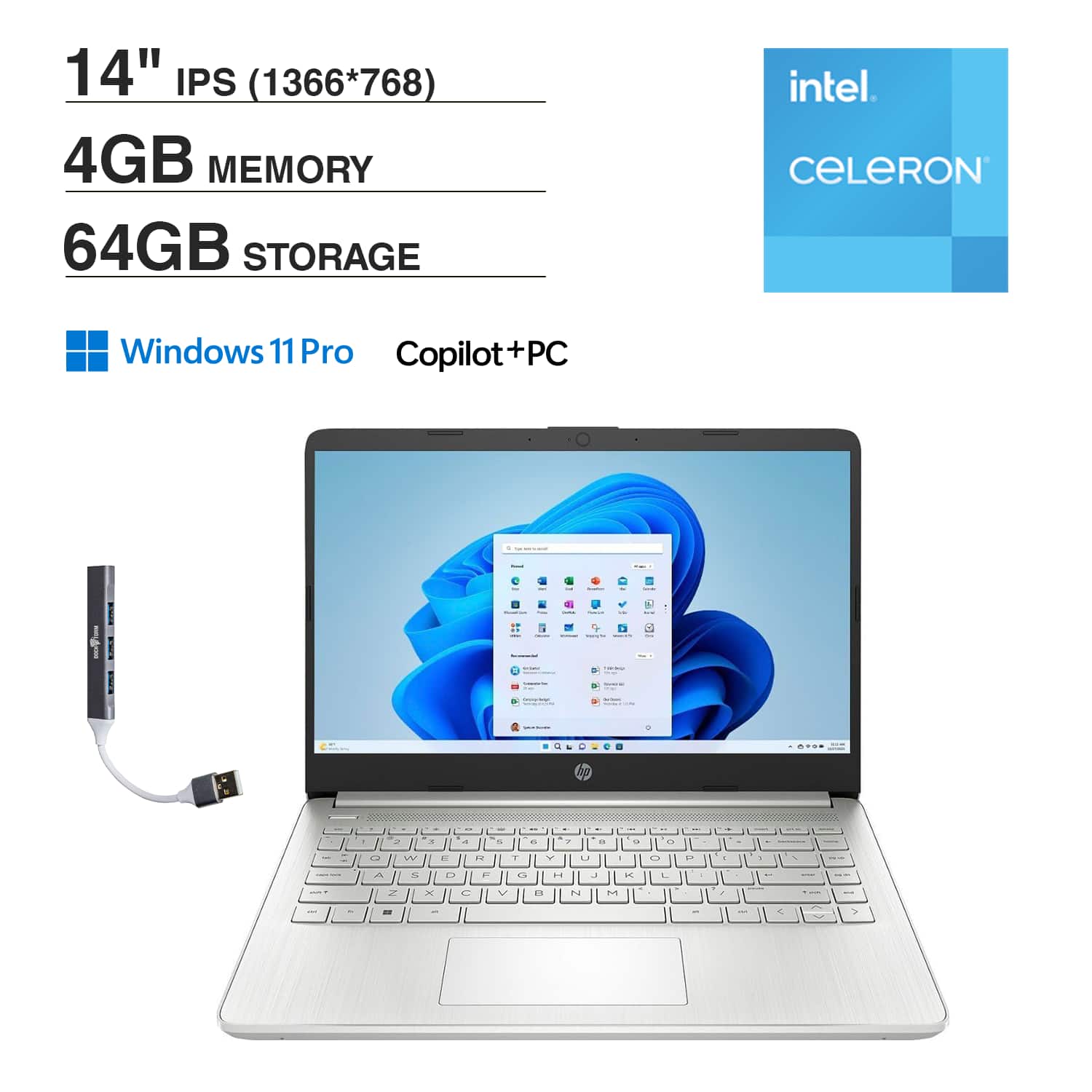 14" IPS (1366*768)  
4GB MEMORY  
64GB STORAGE  
intel Celeron  
Windows 11 Pro  
Copilot+PC