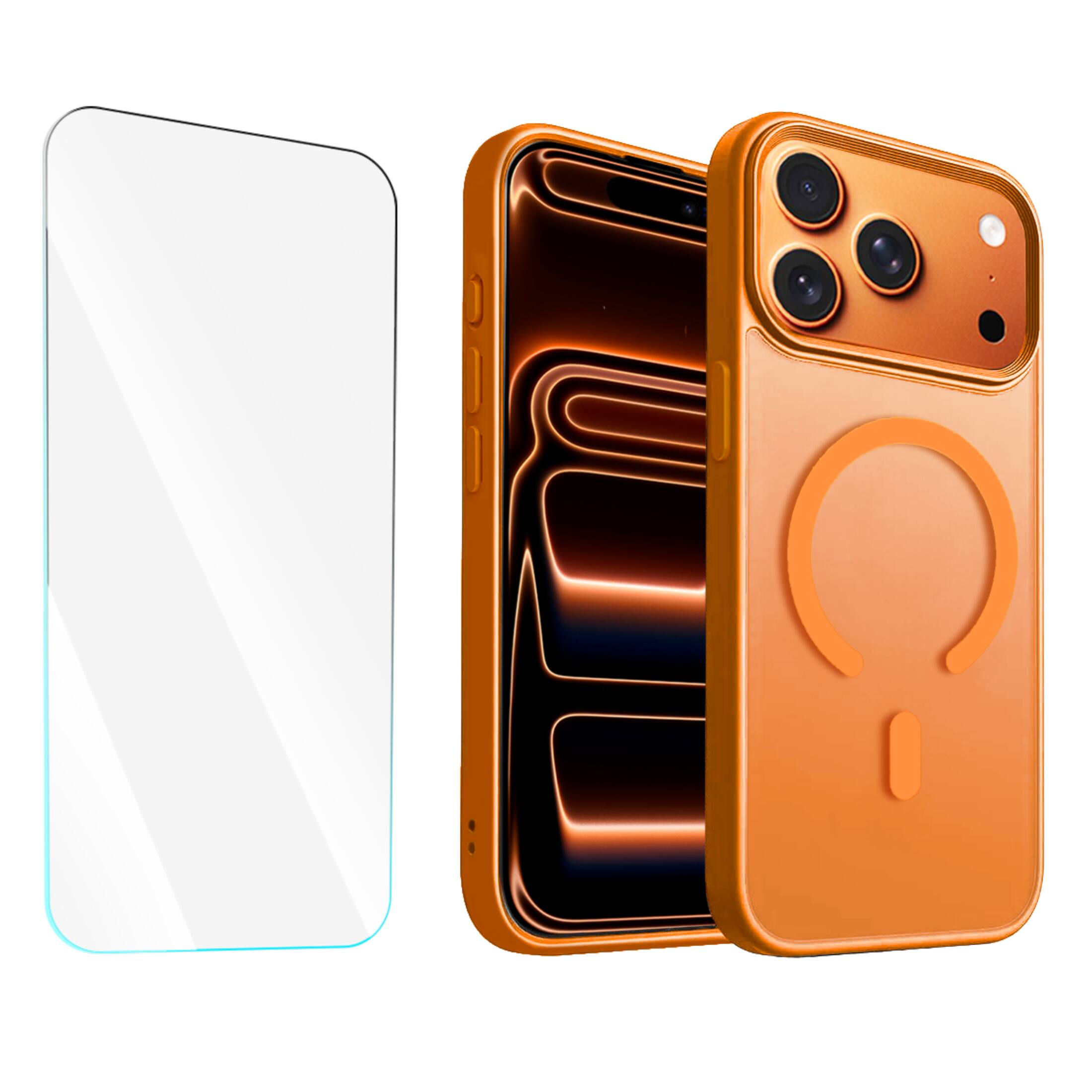 Entronix - Bundle Compatible with iPhone 17 Pro Max - [Magnetic] Translucent Matte Case & 1 Clear Screen Protector - Orange