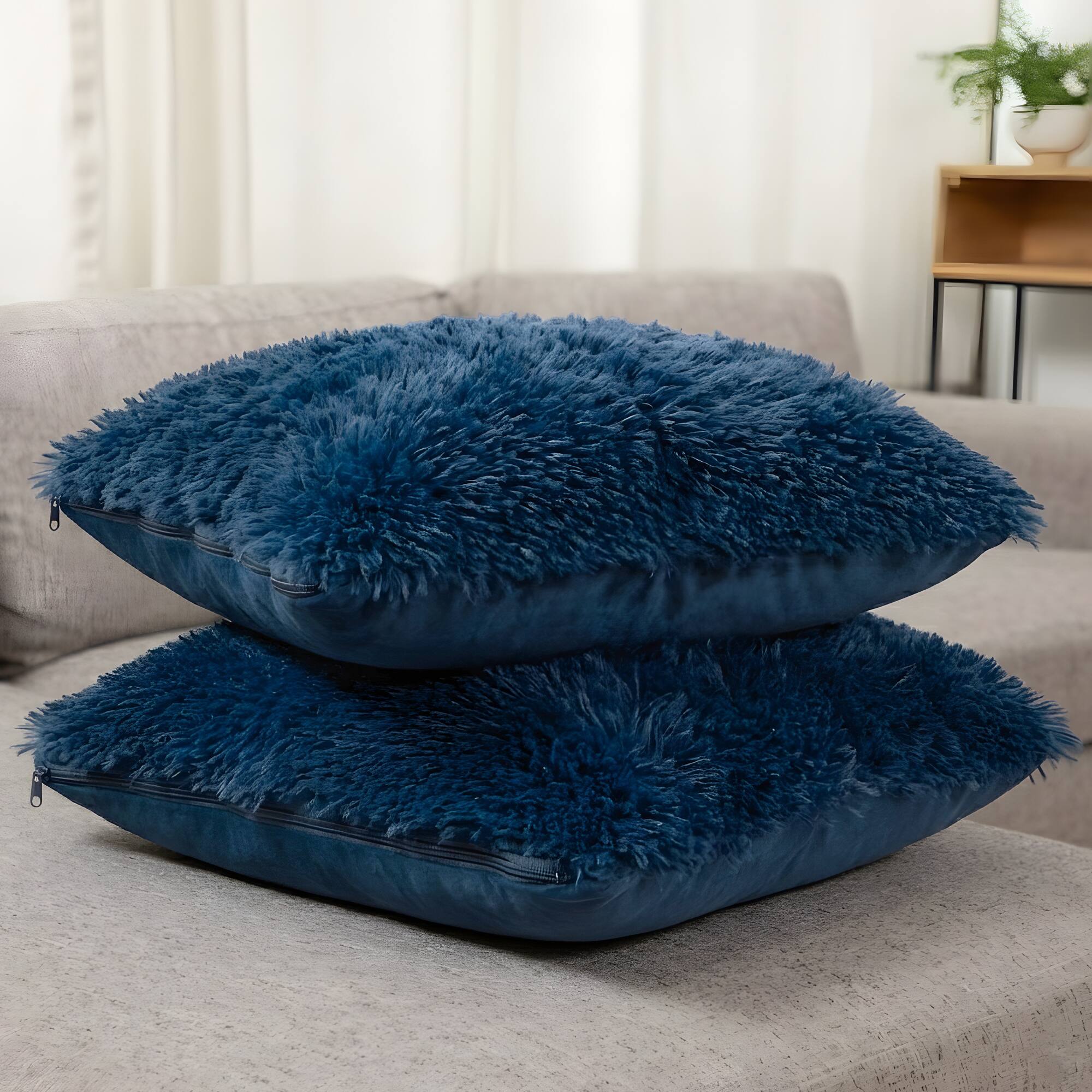 Front. Cheer Collection - Plush Shaggy Long Hair Faux Fur Accent Throw Pillows with Inserts, 18 x 18-Inch, Set of 2 - Navy Blue - Navy.