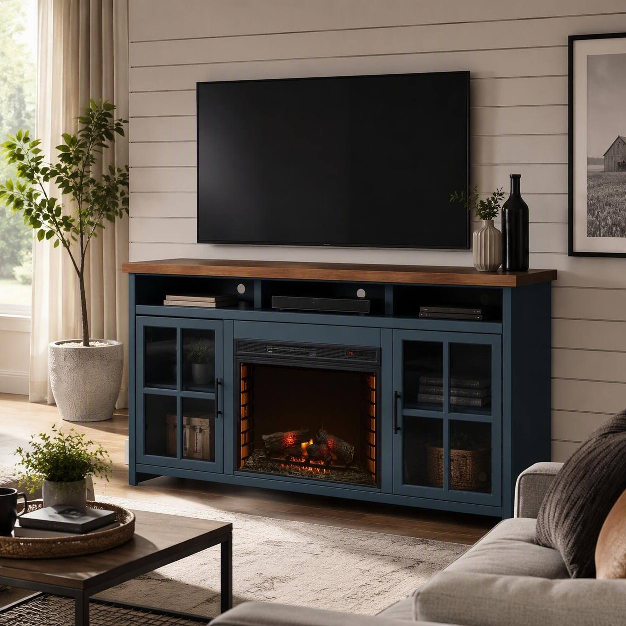 Back. RYHNUYNE - 74 Inch Nantucket Farmhouse Fireplace TV Stand, Fits Up To 85 Inch TVs For Classic Living Room Media Storage - Blue.