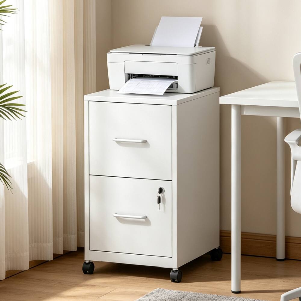 Loheer 2 Drawer File Cabinet with Lock and Wheels Black Metal Under ...