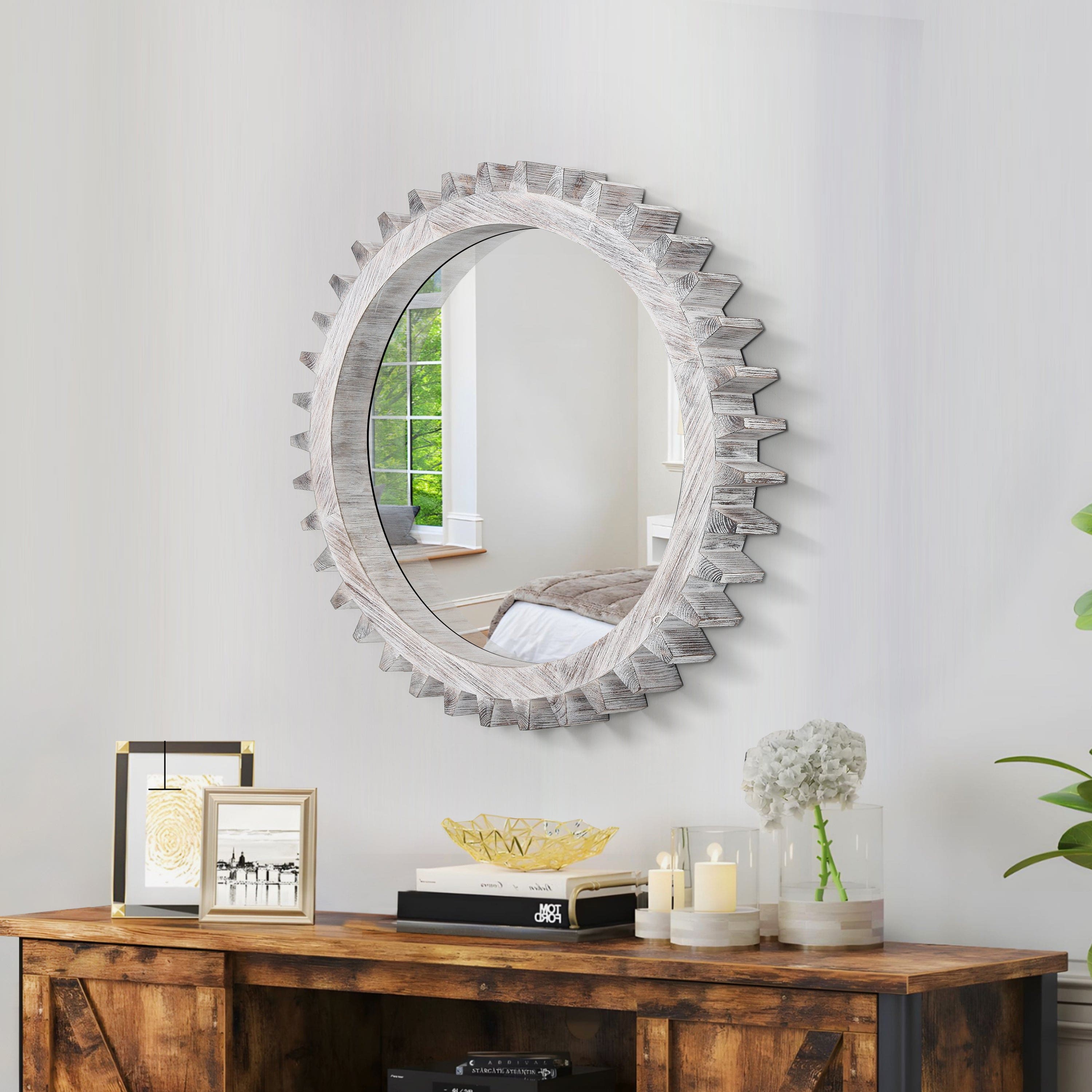 BreeBe - Vintage 17x17 Wood Round Gear Shape Hanging Decorative Mirror Patchwork Large Wall Art Sold Individually Antique White - White Washed