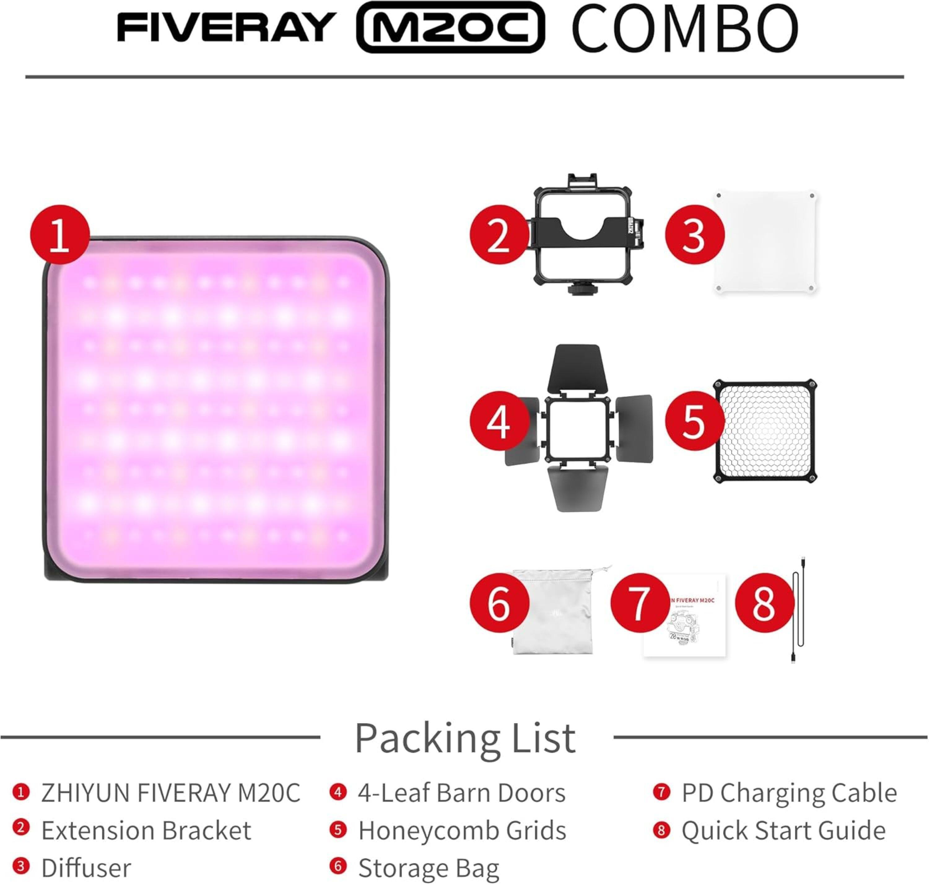 The text on the image is already grouped and correctly labeled. It consists of a list of items and their corresponding numbers, which are part of the Fiveray M2OC Combo. The list includes a ZHIYUN FIVERAY M20C, 4-Leaf Barn Doors, Extension Bracket, Grids Honeycomb, Diffuser, Storage Bag, PD Charging Cable, and Quick Start Guide.