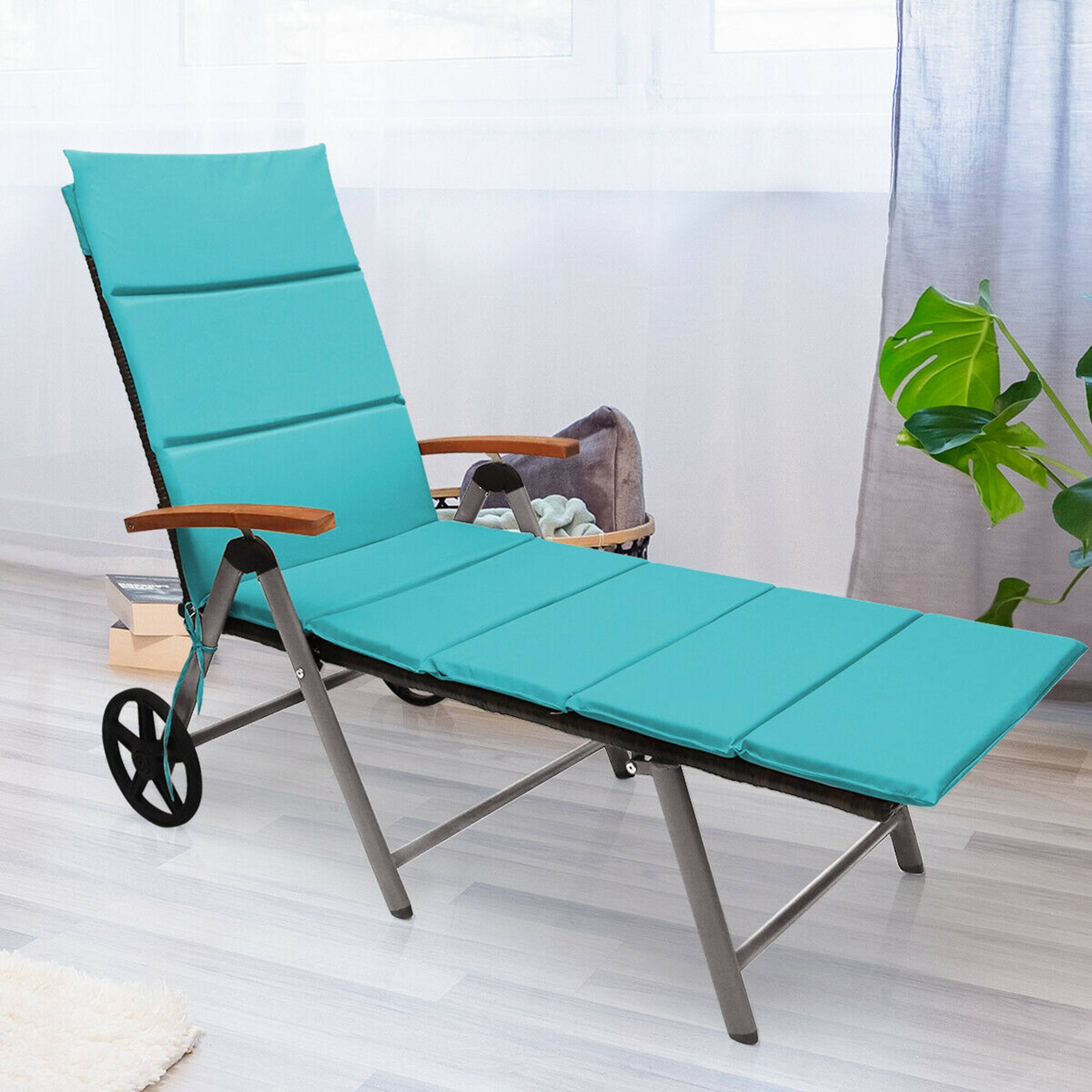 Alt View 3. Gymax - Gymax 2PCS Folding Patio Rattan Lounge Chair Cushioned Aluminum Adjust Wheel Turquoise - Turquoise.