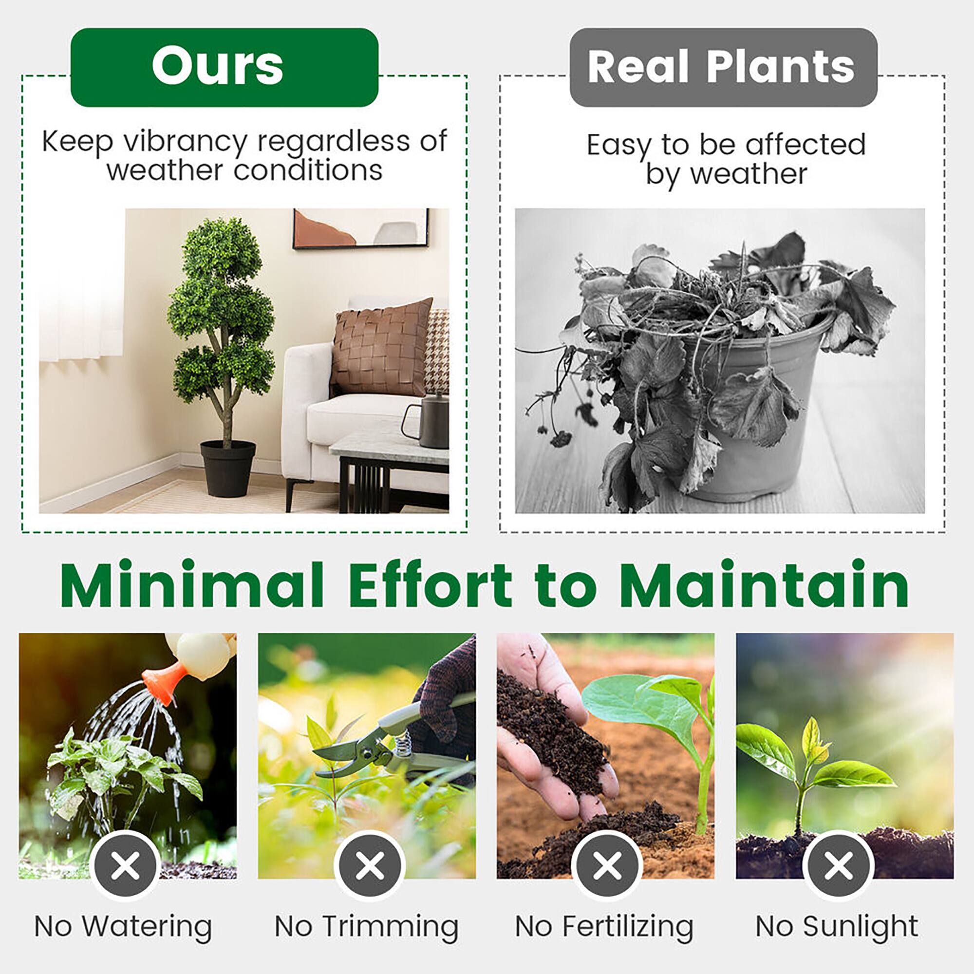 **Ours**  
Keep vibrancy regardless of weather conditions

**Real Plants**  
Easy to be affected by weather

**Minimal Effort to Maintain**  
No Watering  
No Trimming  
No Fertilizing  
No Sunlight
