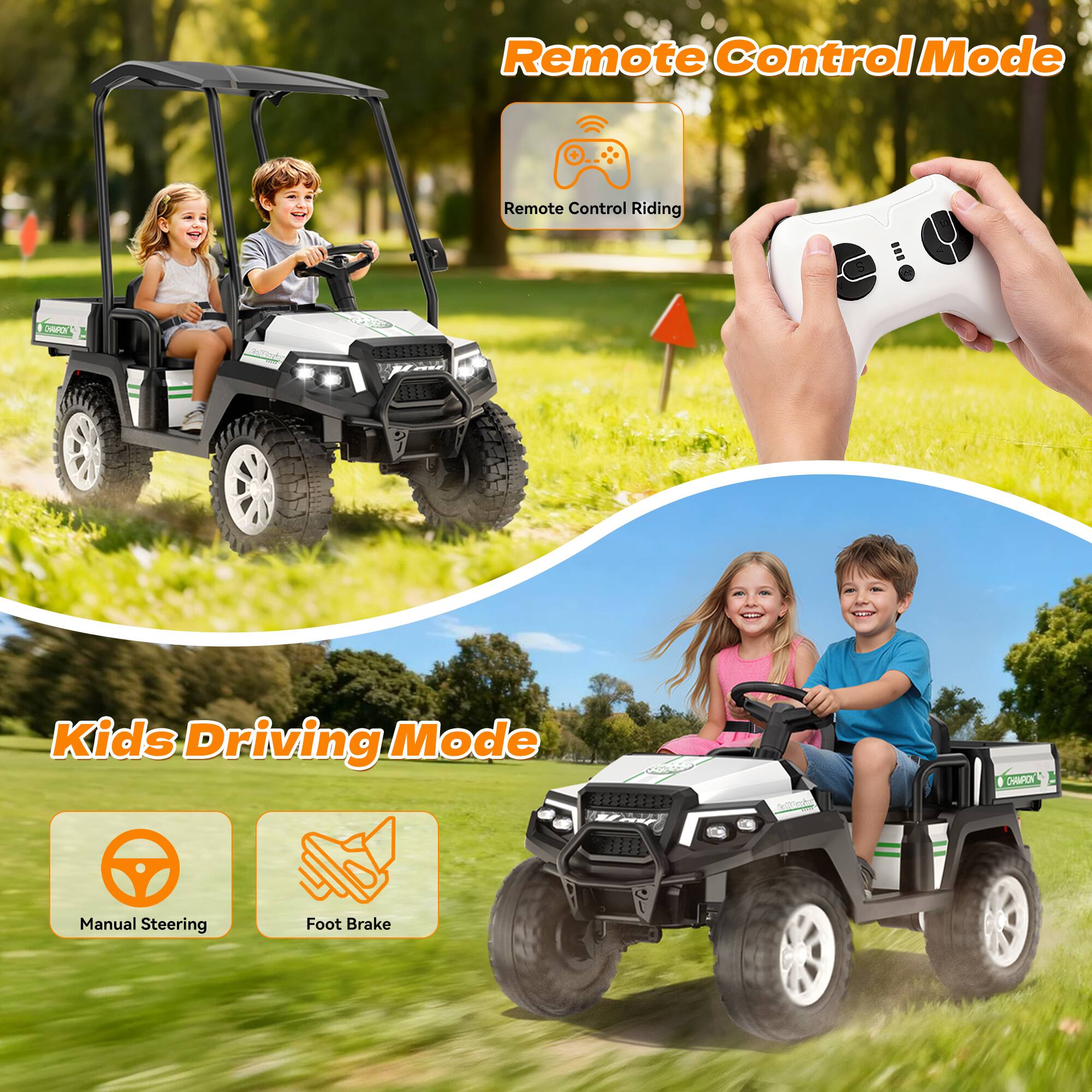 Remote Control Mode  
Remote Control Riding  
Kids Driving Mode  
Manual Steering  
Foot Brake